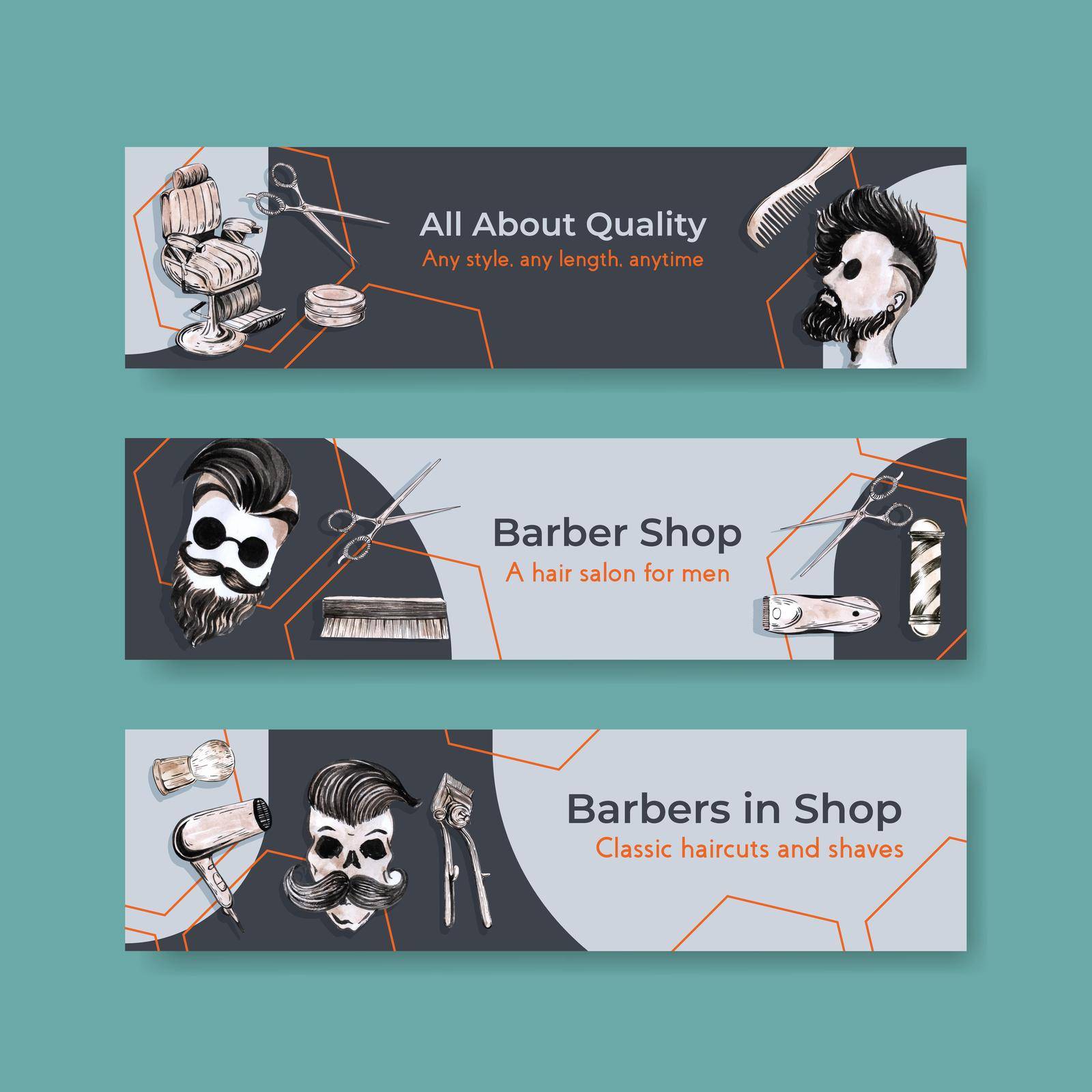Banner template with barber concept design for advertise watercolor vector illustration. by Photographeeasia