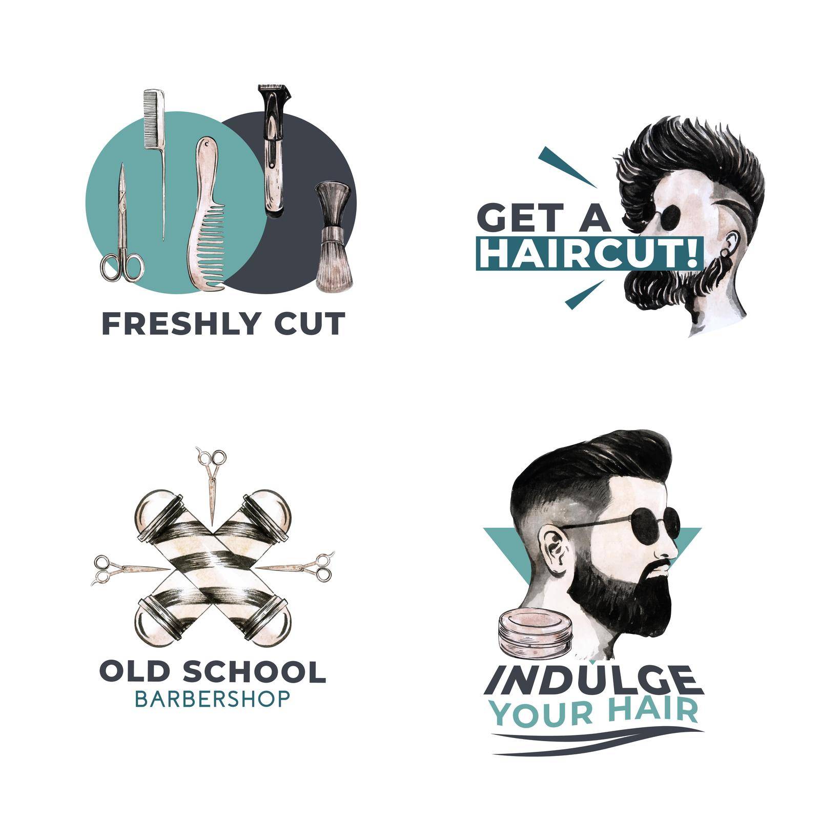 Logo with barber concept design for branding and marketing watercolor vector illustration. by Photographeeasia