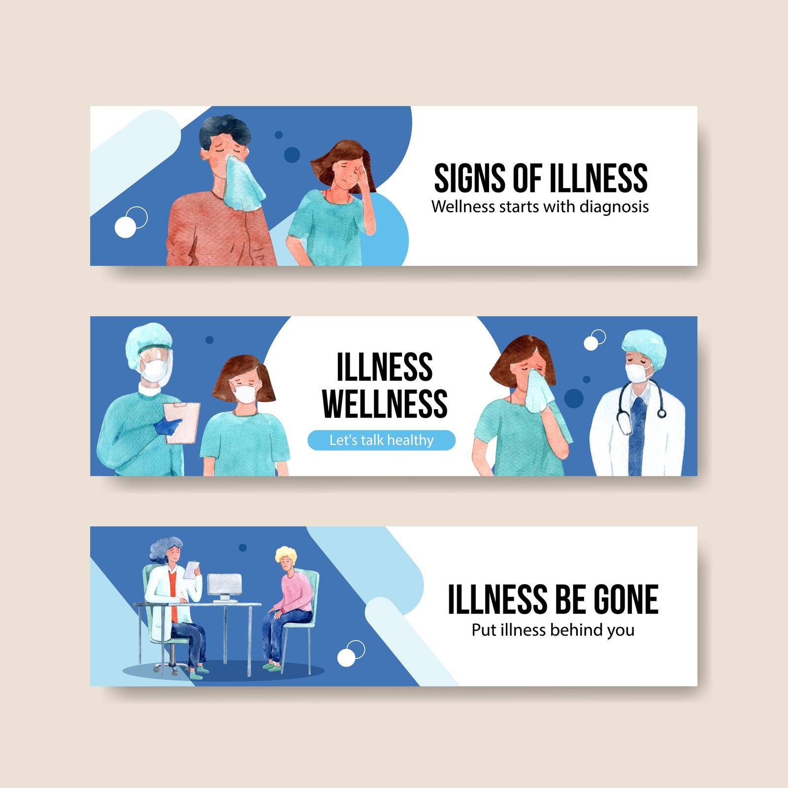 Illnesses banner design concept with people and doctor characters with infographic symptomatic watercolor vector illustration by Photographeeasia