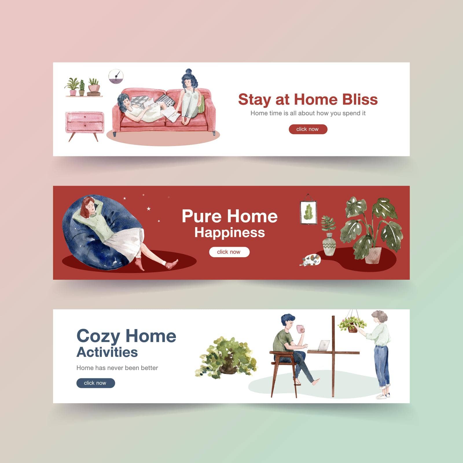 stay at home banner concept with people character make activity illustration watercolor design