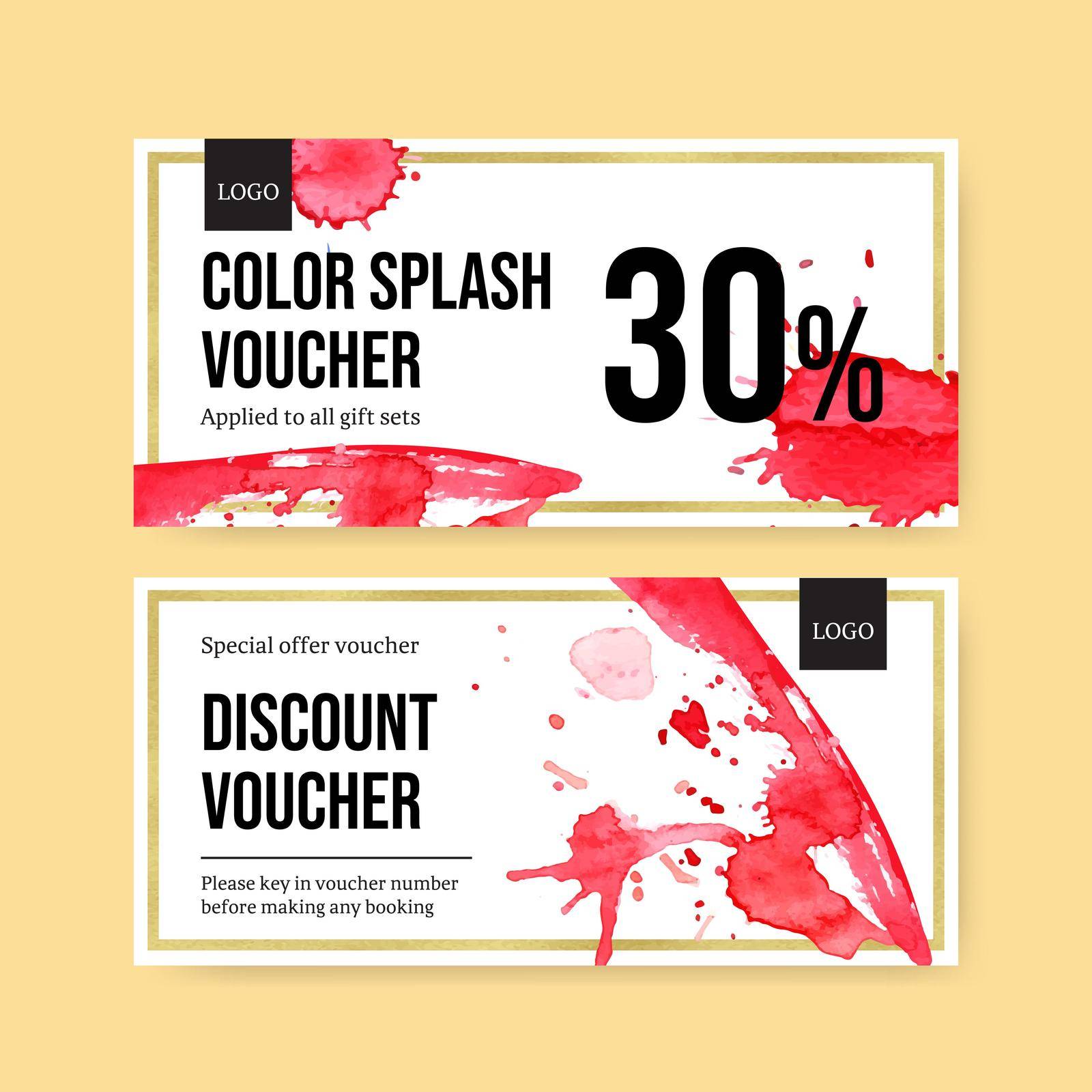 Splash color voucher design with red watercolor illustration.