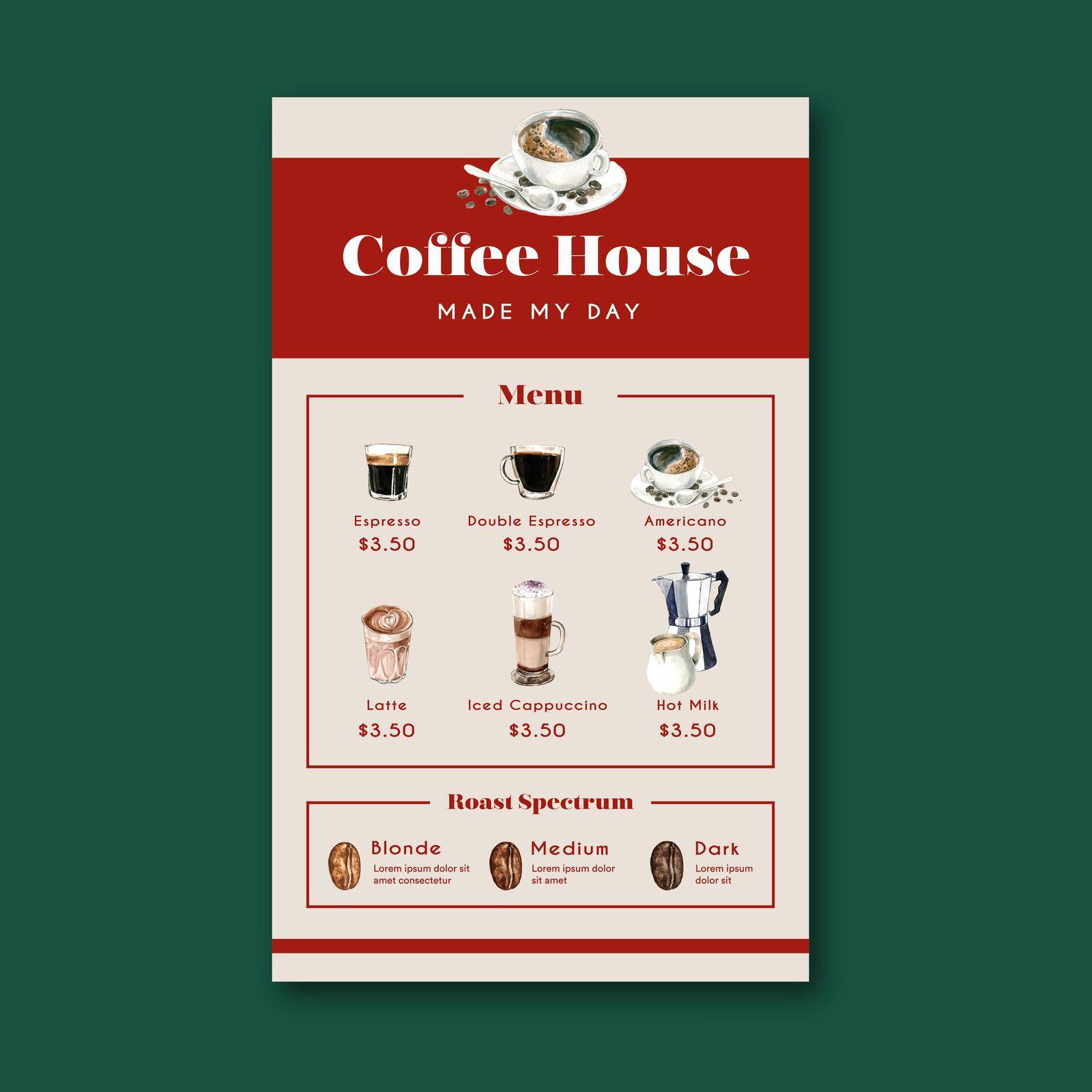 coffee cafe menu americano, cappuccino, espresso menu with bag bean, watercolor illustration