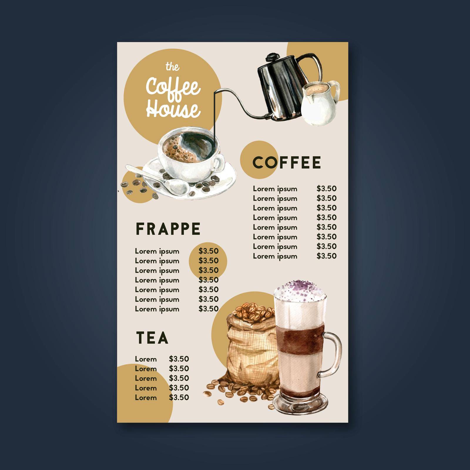 coffee house menu americano, cappuccino, espresso menu, infographic design, watercolor illustration by Photographeeasia