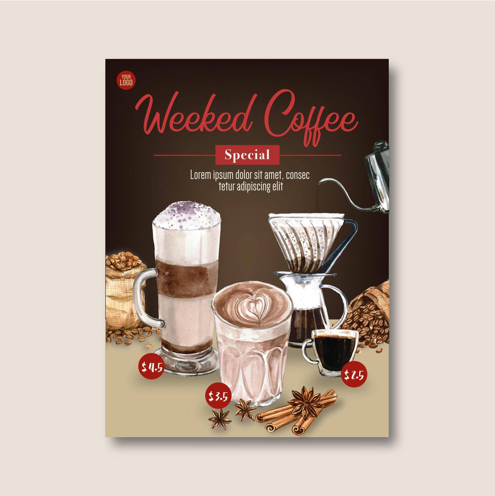 americano ,cappuccino, espresso coffee poster discount, template design, watercolor illustration by Photographeeasia