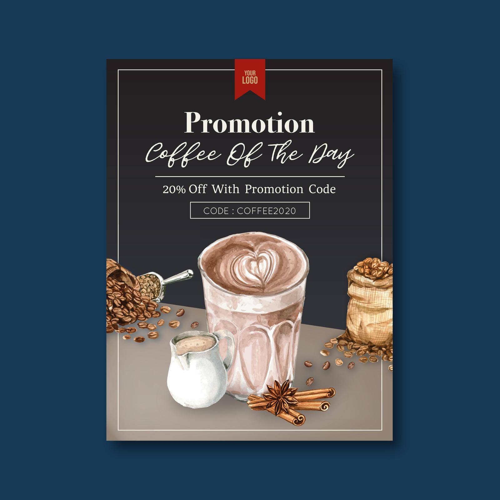 americano ,cappuccino, espresso coffee poster discount, template design, watercolor illustration by Photographeeasia