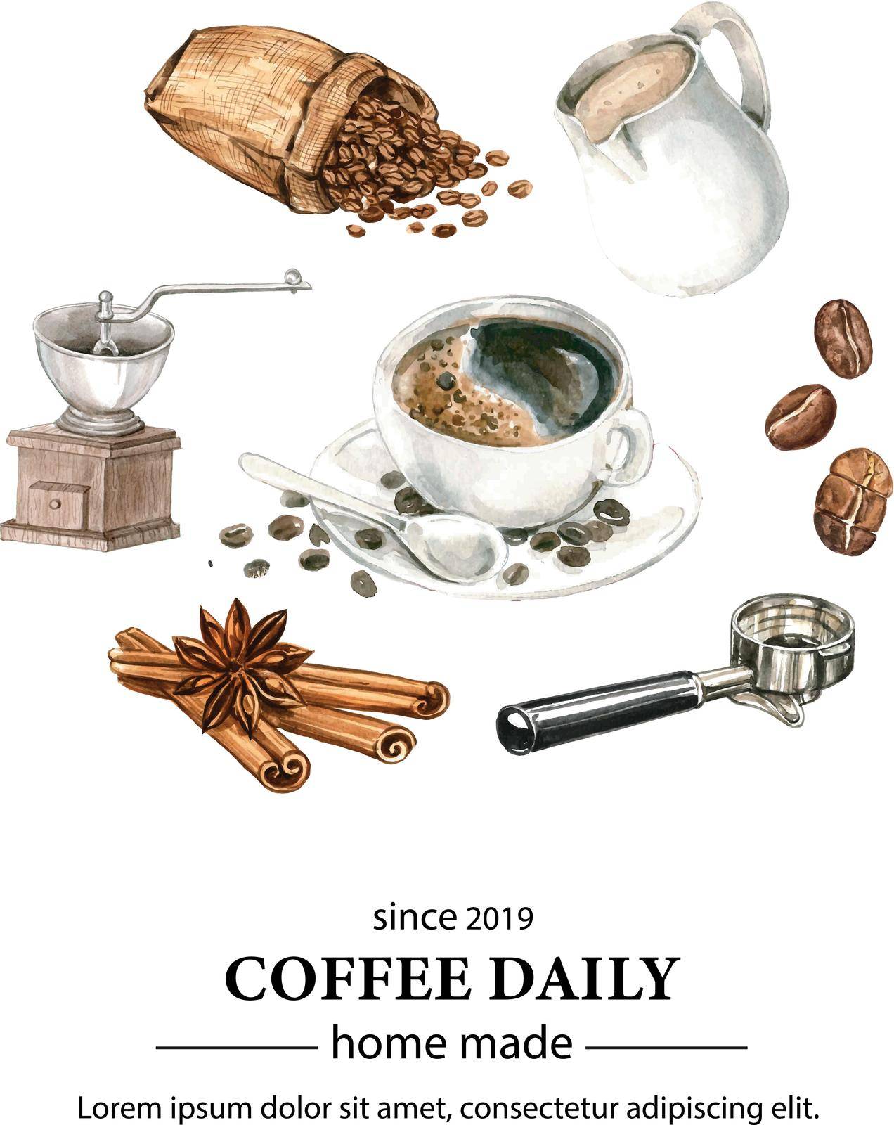 cappuccino coffee arabica beans with branch leaves coffee, watercolor illustration