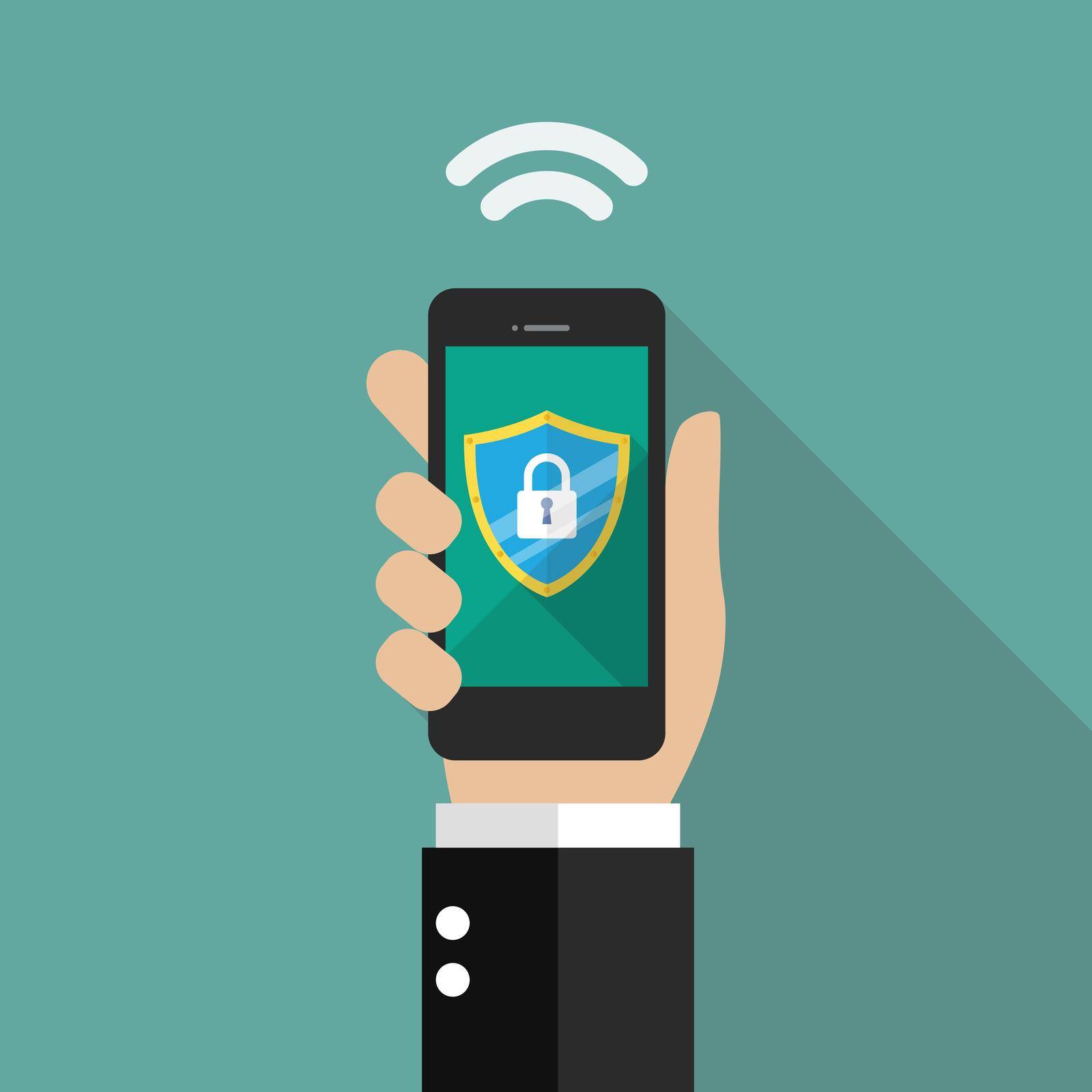 Smartphone protected by firewall guard. Vector illustration