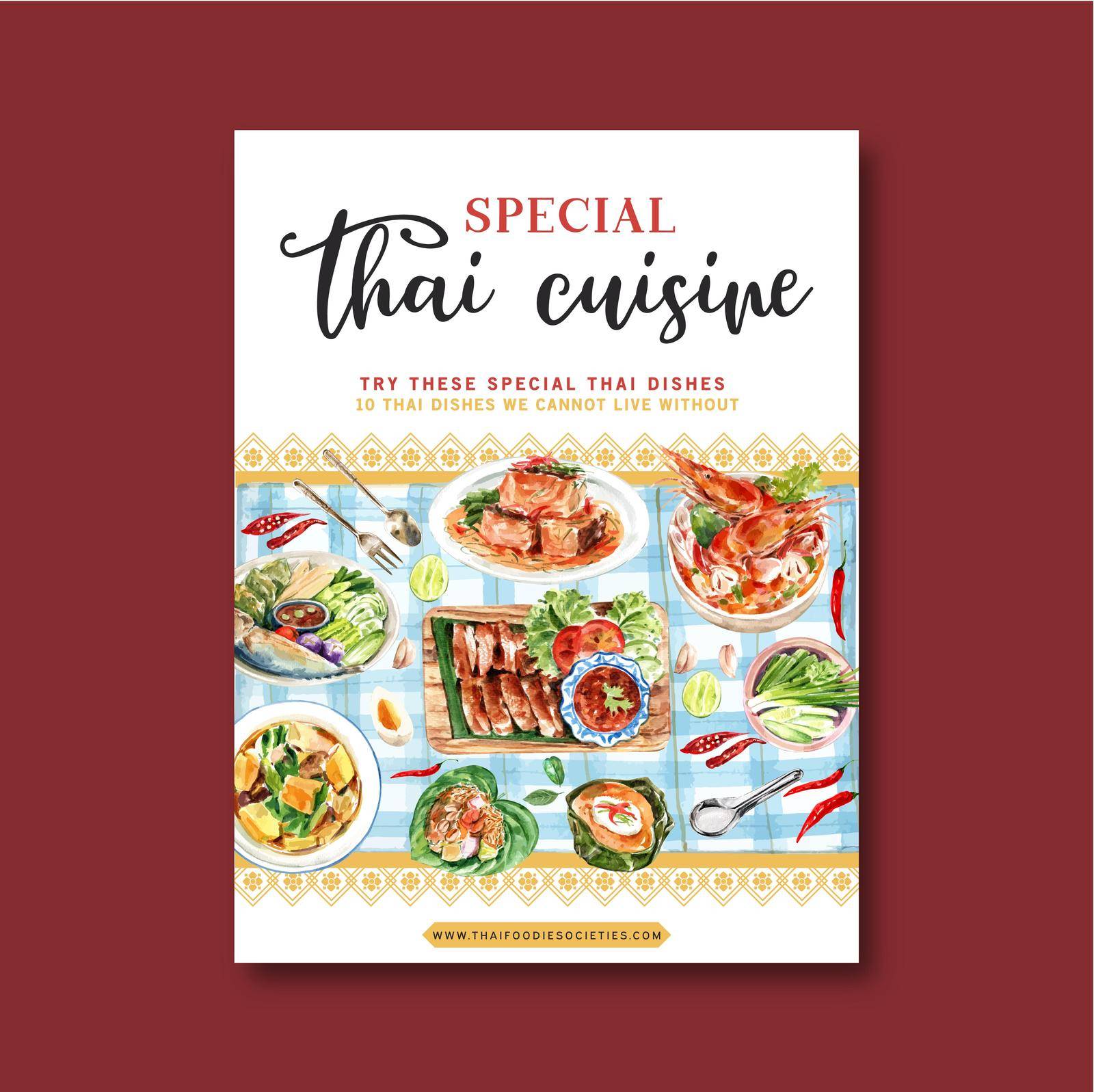 Thai food poster design with grilled chicken, tom yum kung illustration watercolor. by Photographeeasia