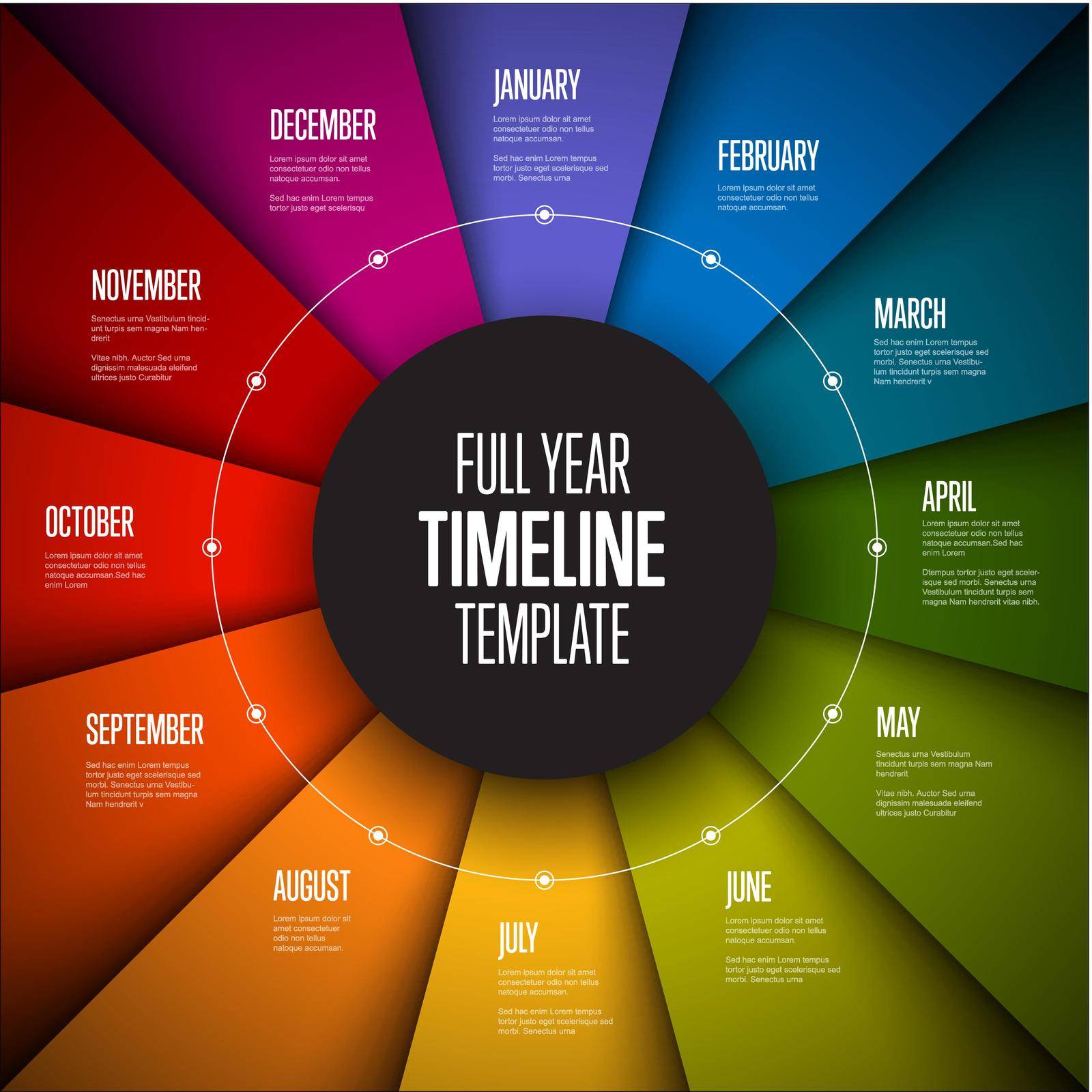 Full year timeline template with all months on circle folded rainbow papers