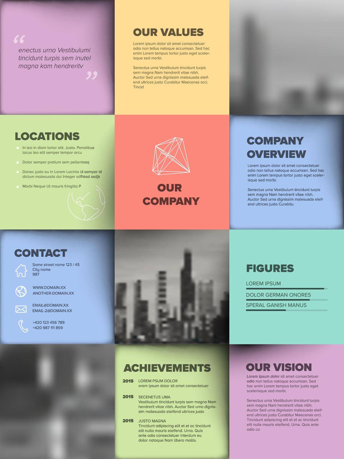Company profile template - corporation main information presentation - pastel vertical version with black and white photo placeholders