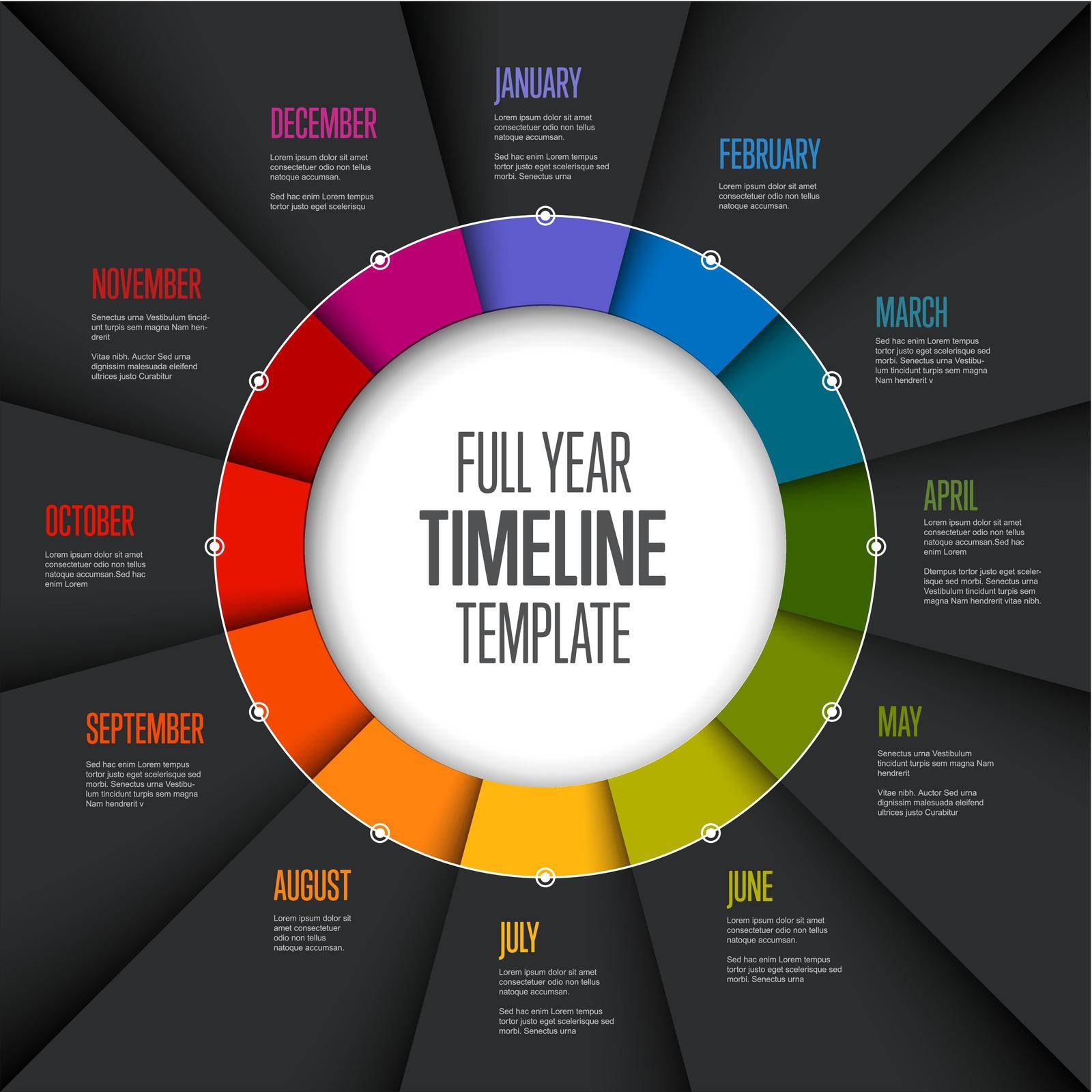 Full year timeline template with all months on circle folded rainbow papers - dark version