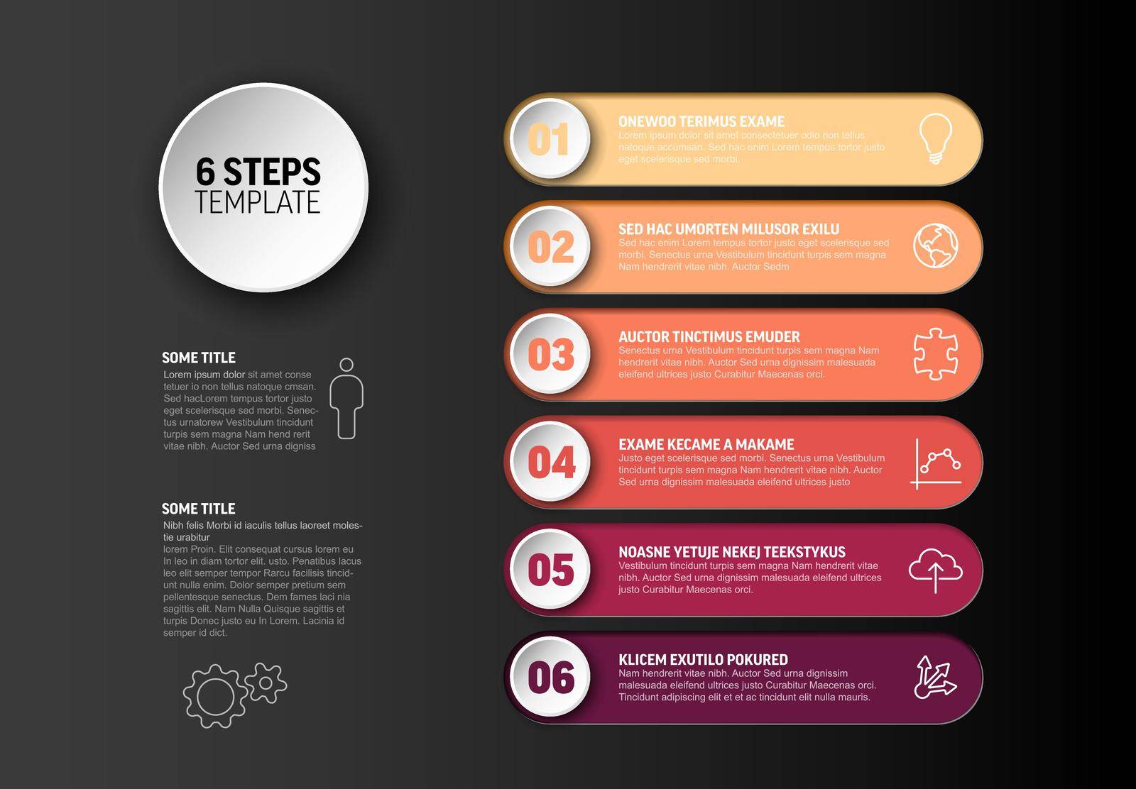One two three four five six - vector progress steps template with descriptions and icons - dark red version