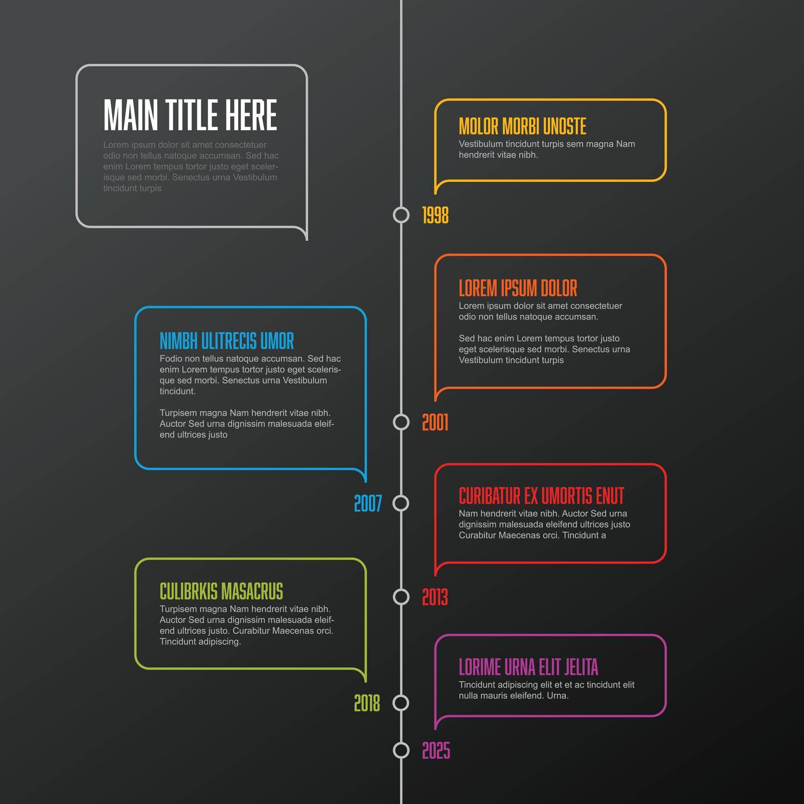 Vector vertical infographic timeline template with thin line color bubbles - dark background version