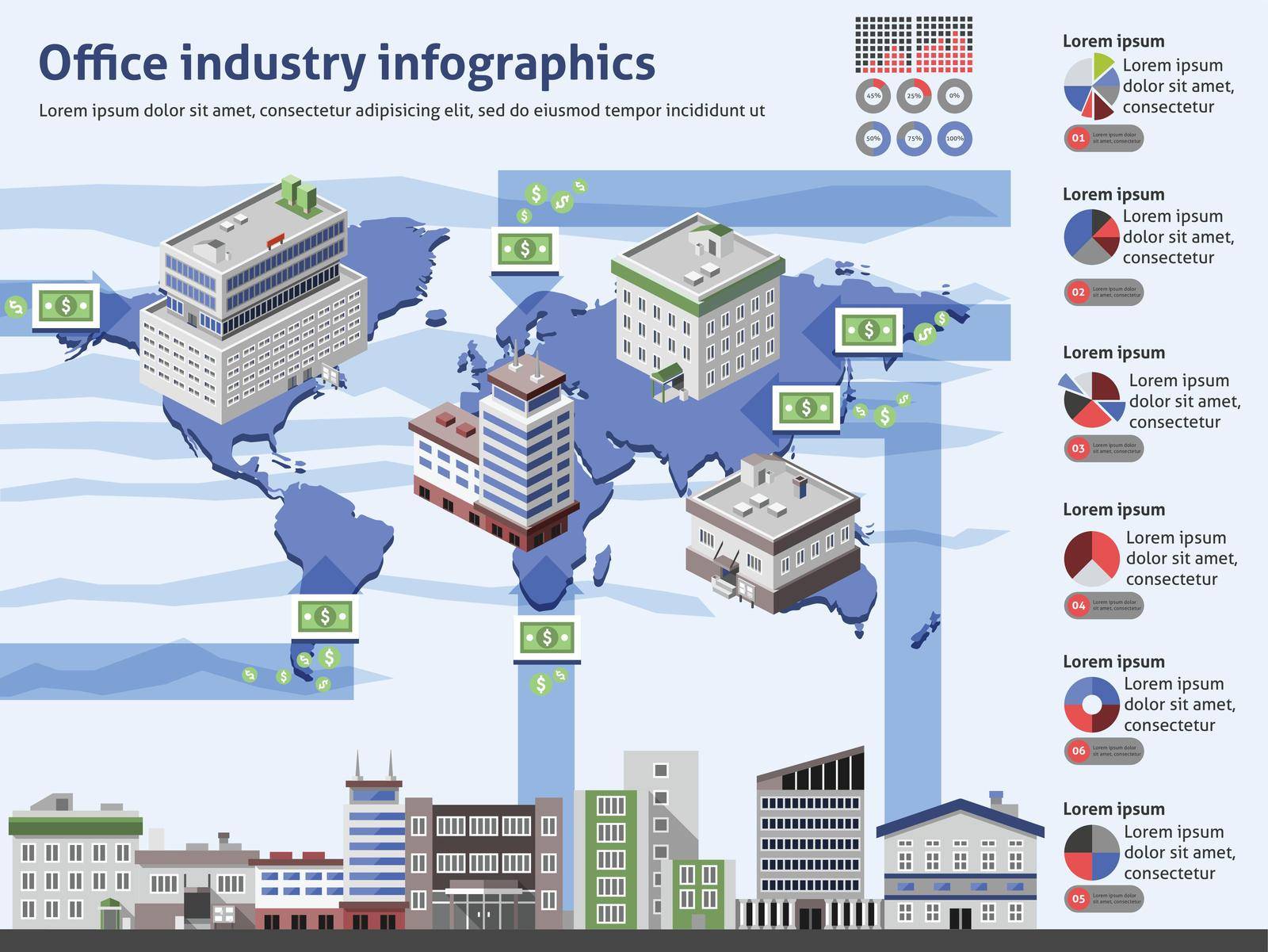 Office industry infographics with business buildings world map and charts vector illustration