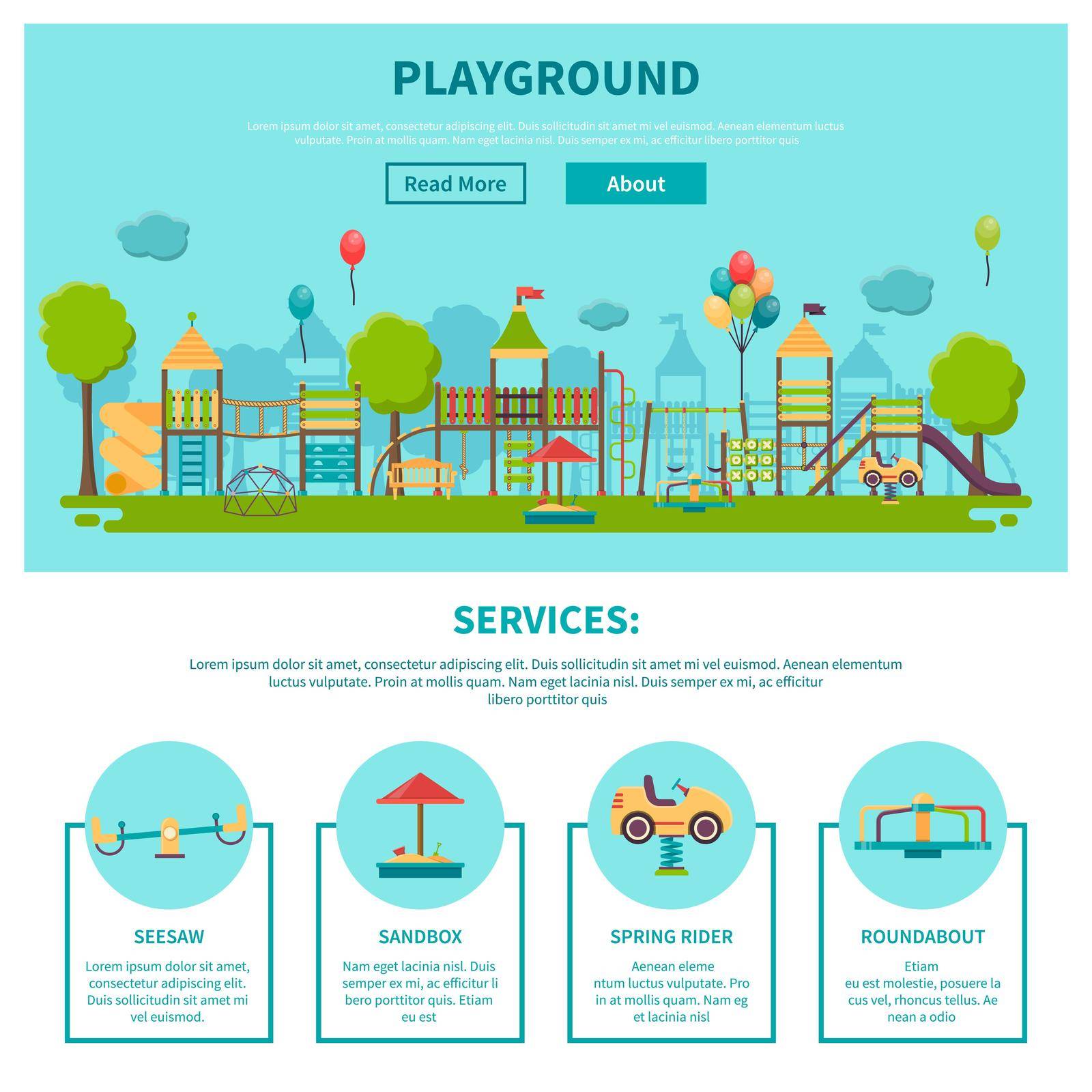 Color illustration web site page about outdoor games showing different playground services seesaw sandbox spring rider roundabout vector illustration