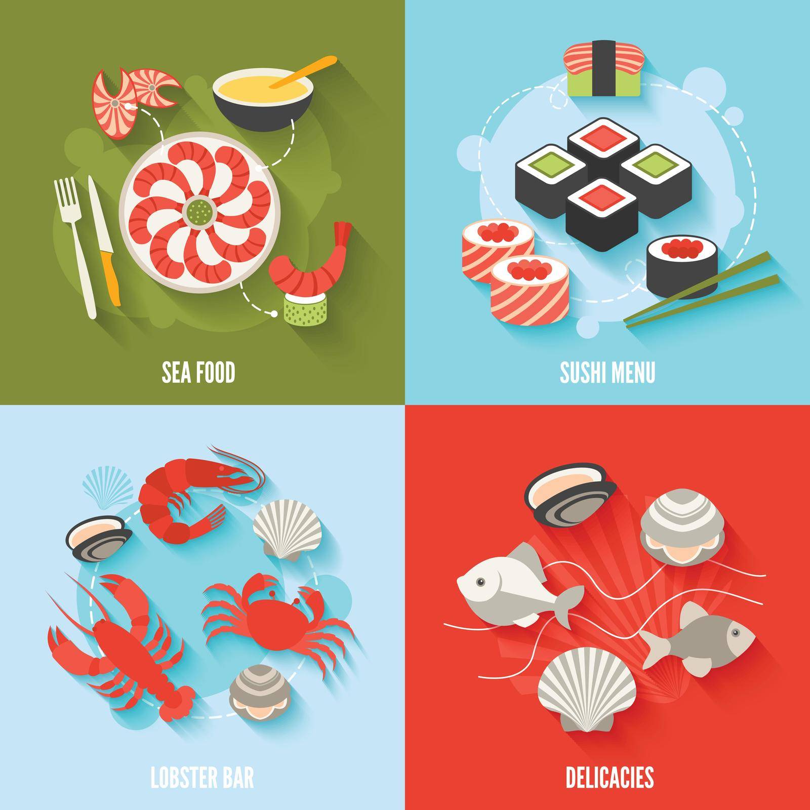 Seafood flat icons set with sushi menu lobster bar delicacies isolated vector illustration