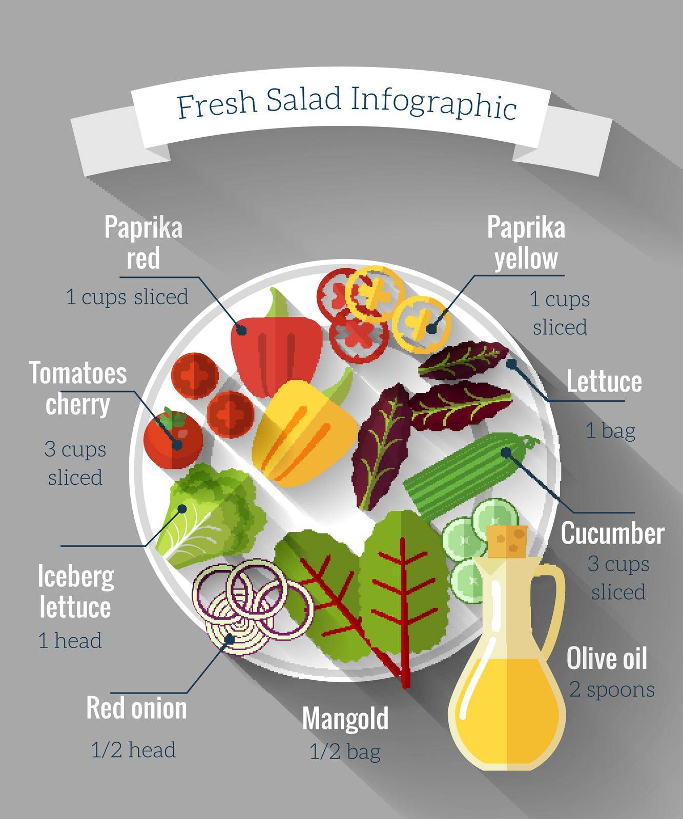 Salad cooking infographics. Vitamin and cucumber, pepper and lettuce, Vector illustration