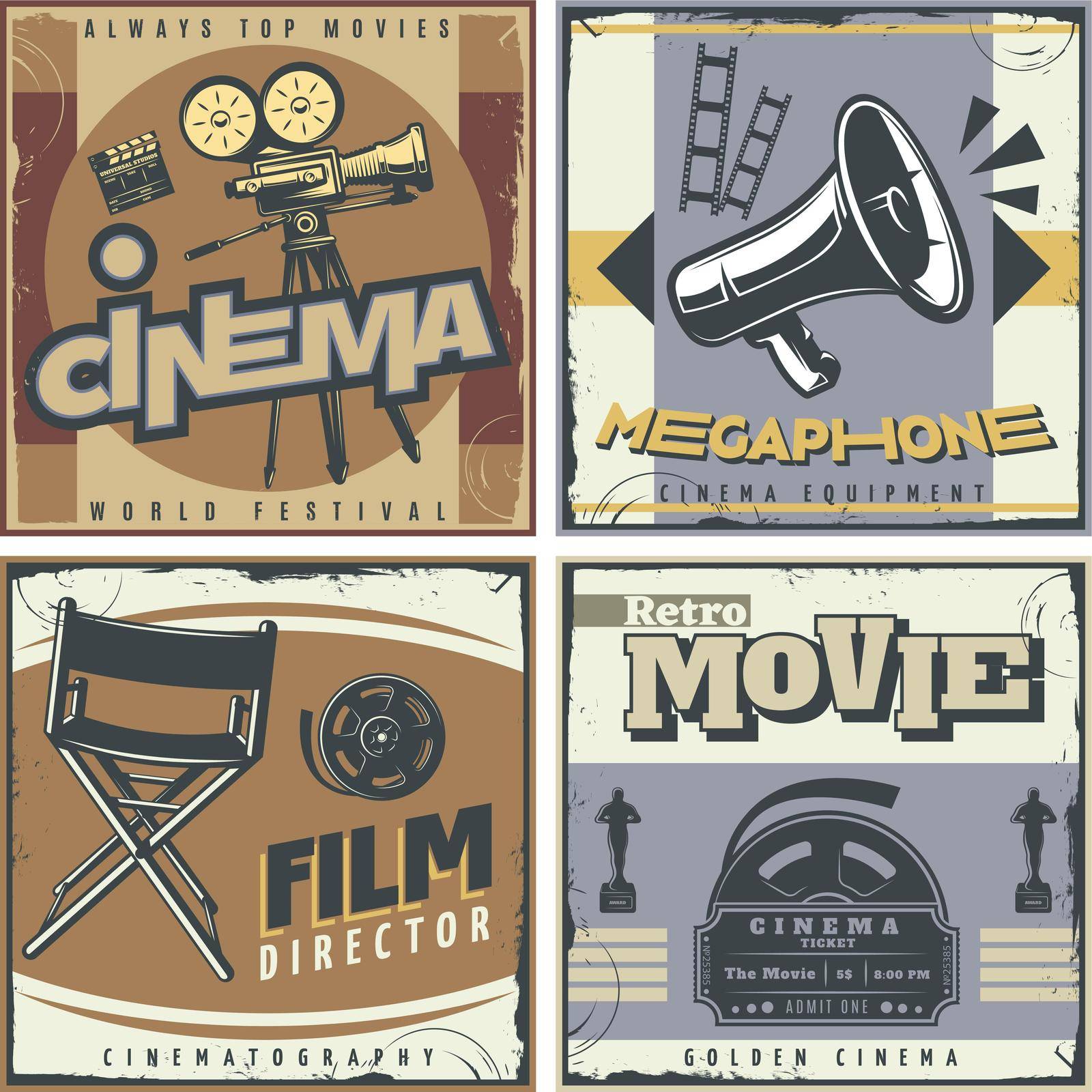 Four squares composition in retro style with cinema movie making symbols film directors chair megaphone vector illustration