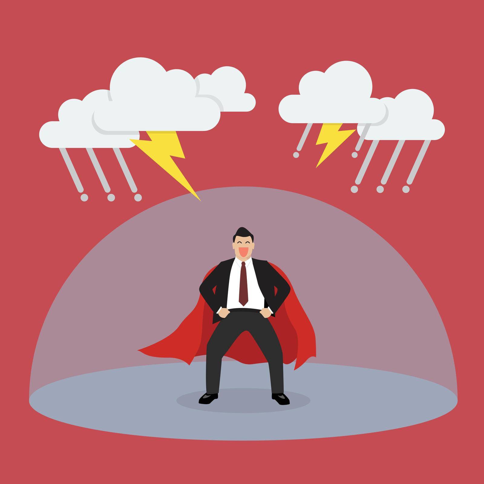 Businessman superhero with barrier protecting from thunderstorm. Vector Illustration
