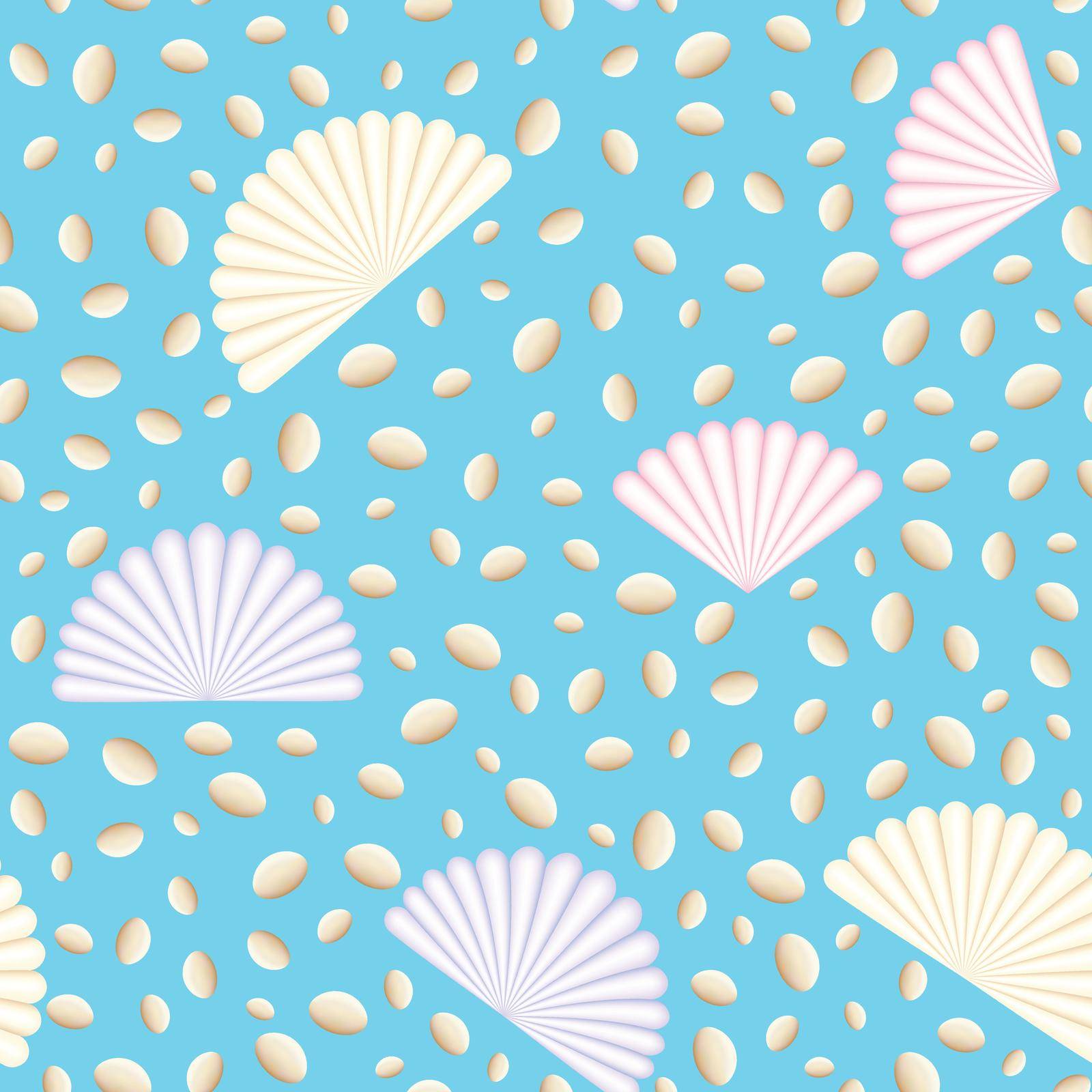 Sea shell seamless pattern. Pebbles on blue background.
