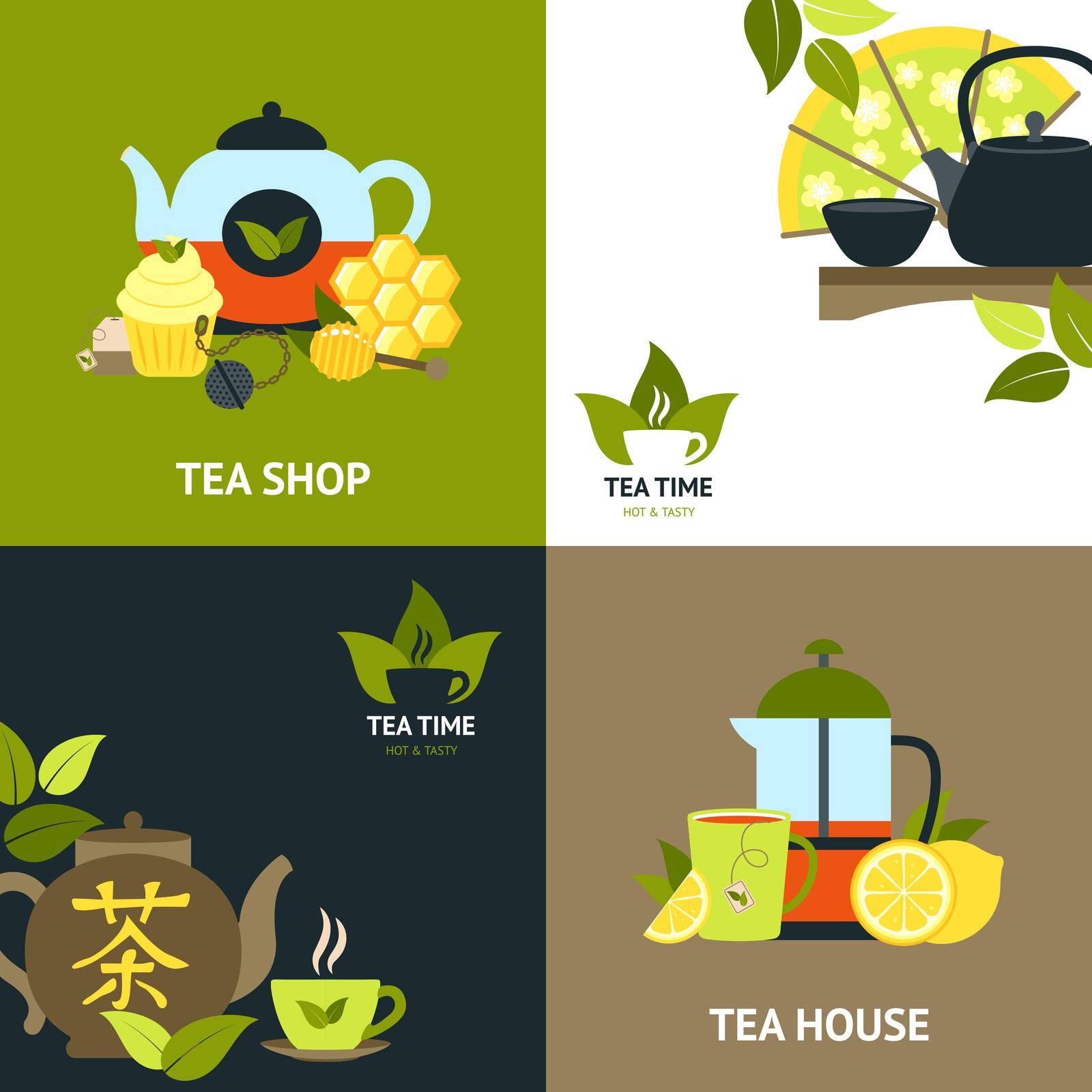 Tea design concept set with hot drink flat icons isolated vector illustration
