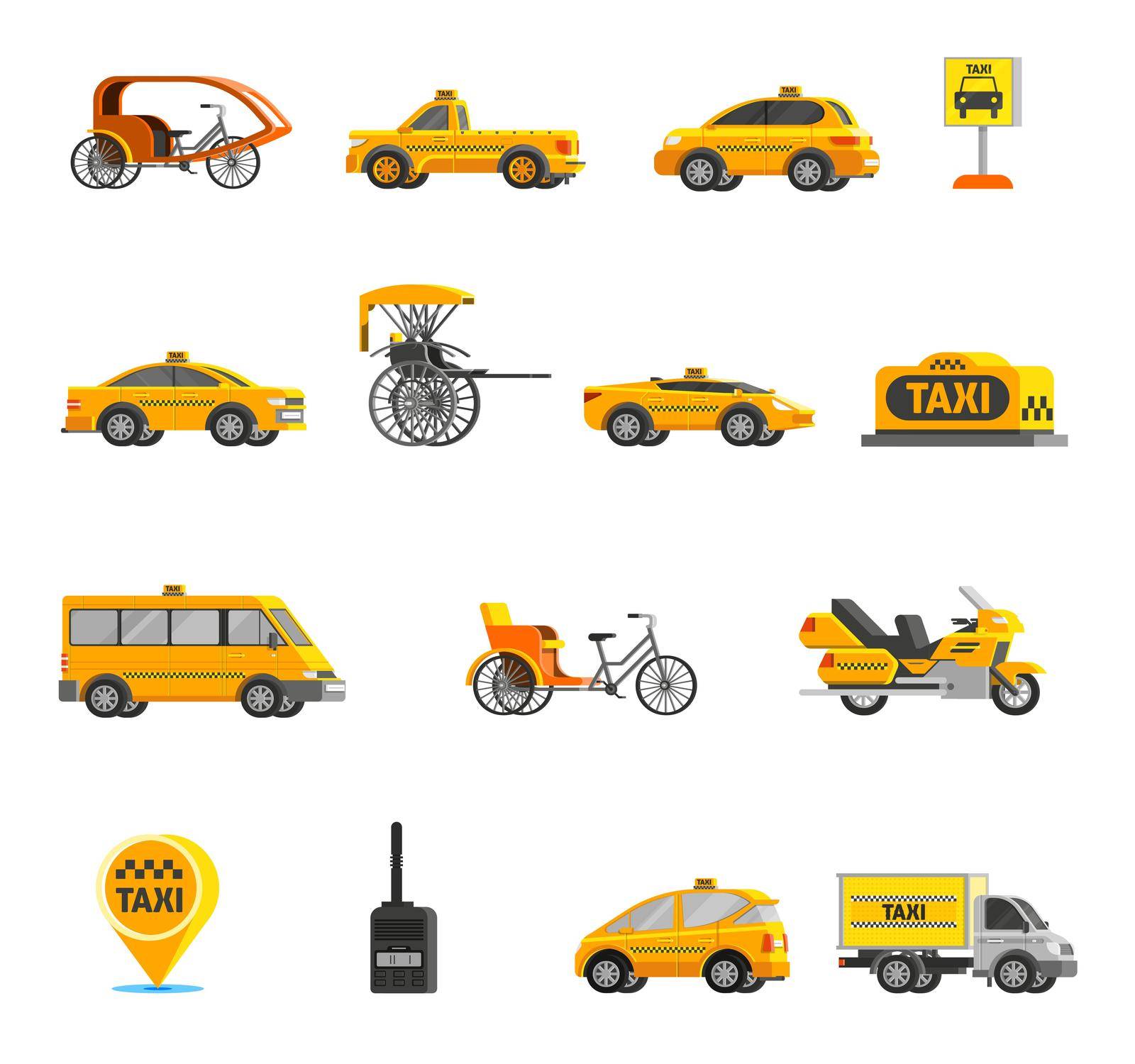 Taxi icons set of different types of vehicles and cars in flat style isolated vector illustration