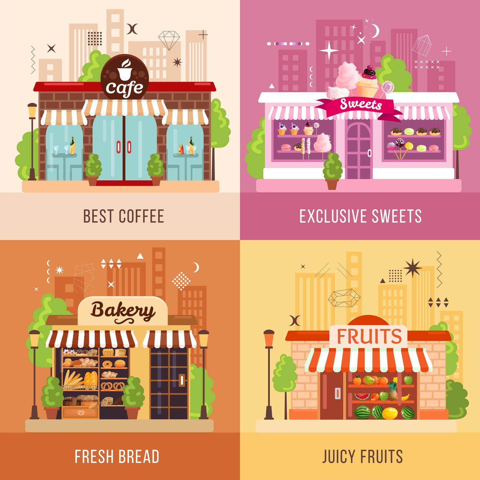Stores facades 2x2 design concept set of exclusive sweets fresh bread juicy fruits and best coffee square icons vector illustration