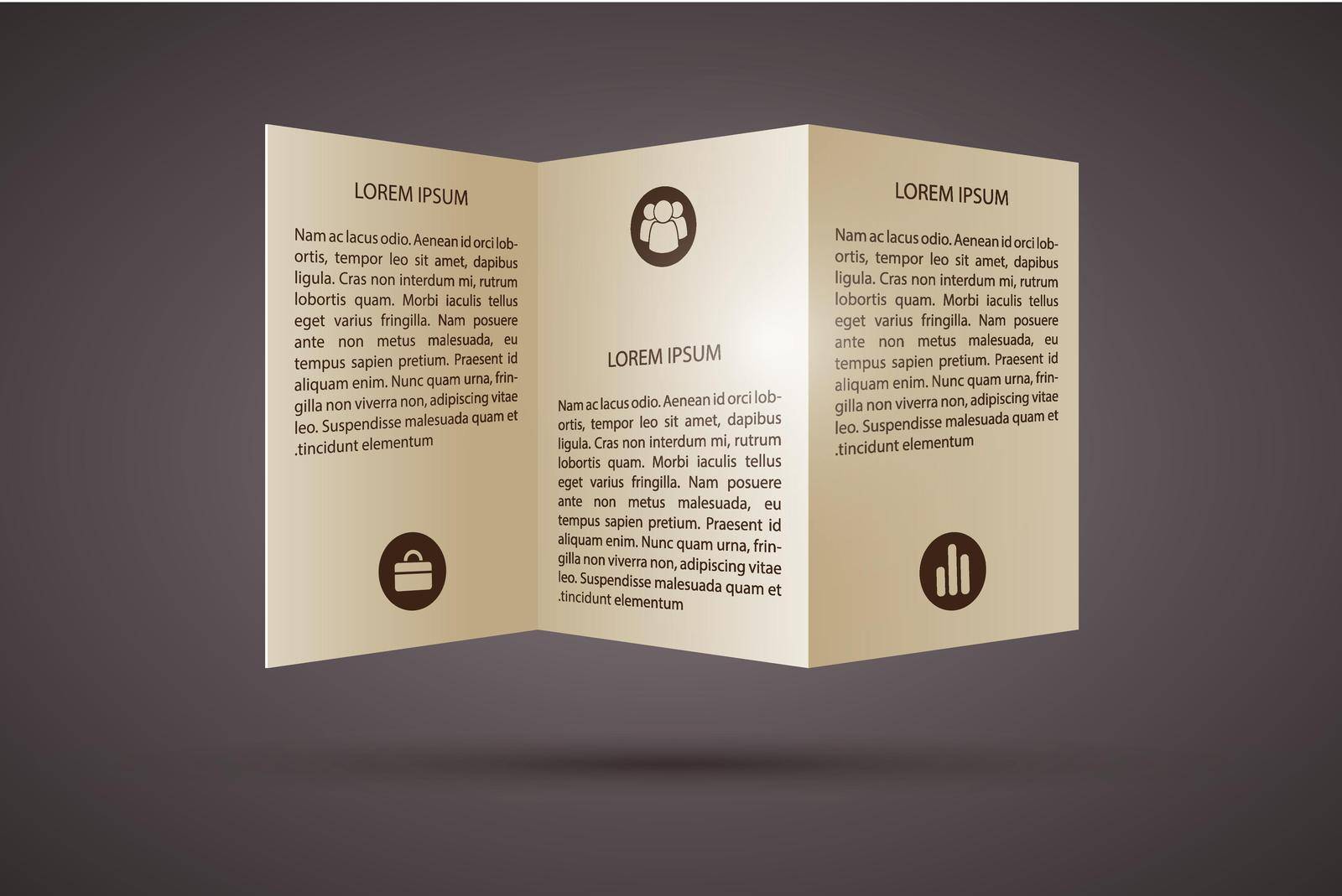 Business paper infographic template with folded pamphlet text and icons on dark background isolated vector illustration