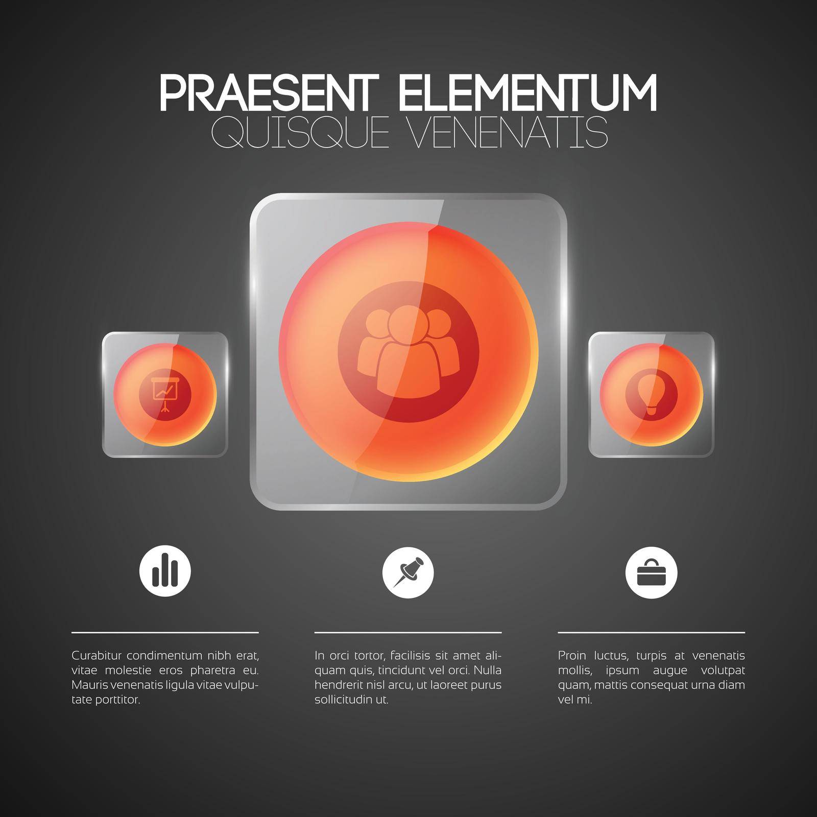 Infographic web business concept with icons three red round buttons in glass square frames vector illustration