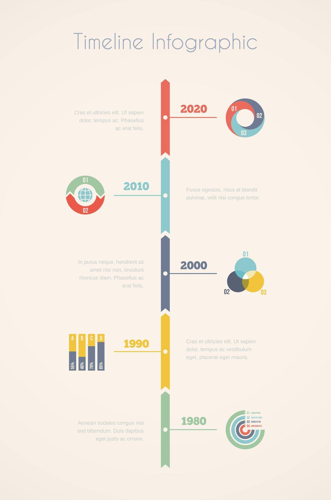 Vector timeline infographics, elements and icons in vintage style, design template