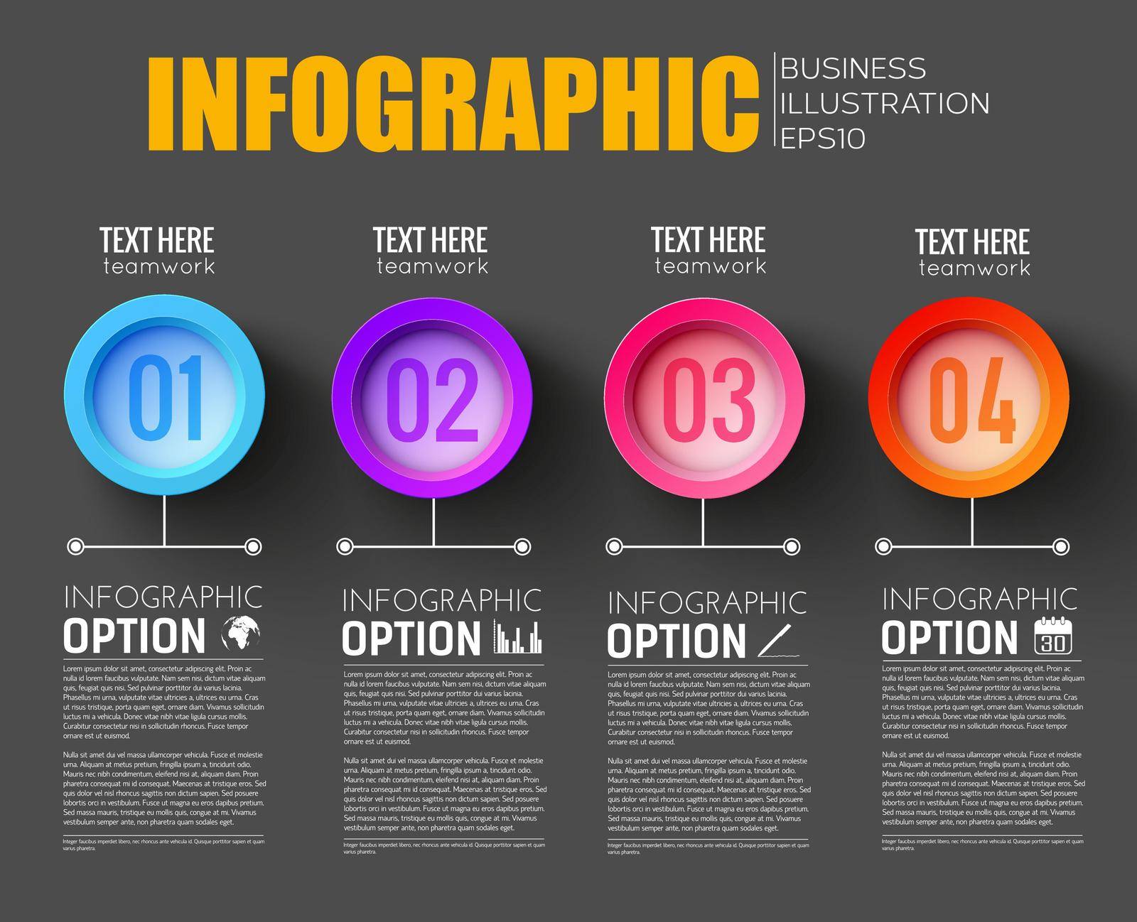 Teamwork infographic layout with description of four workflow options numbered by colored buttons on black background flat vector Illustration 