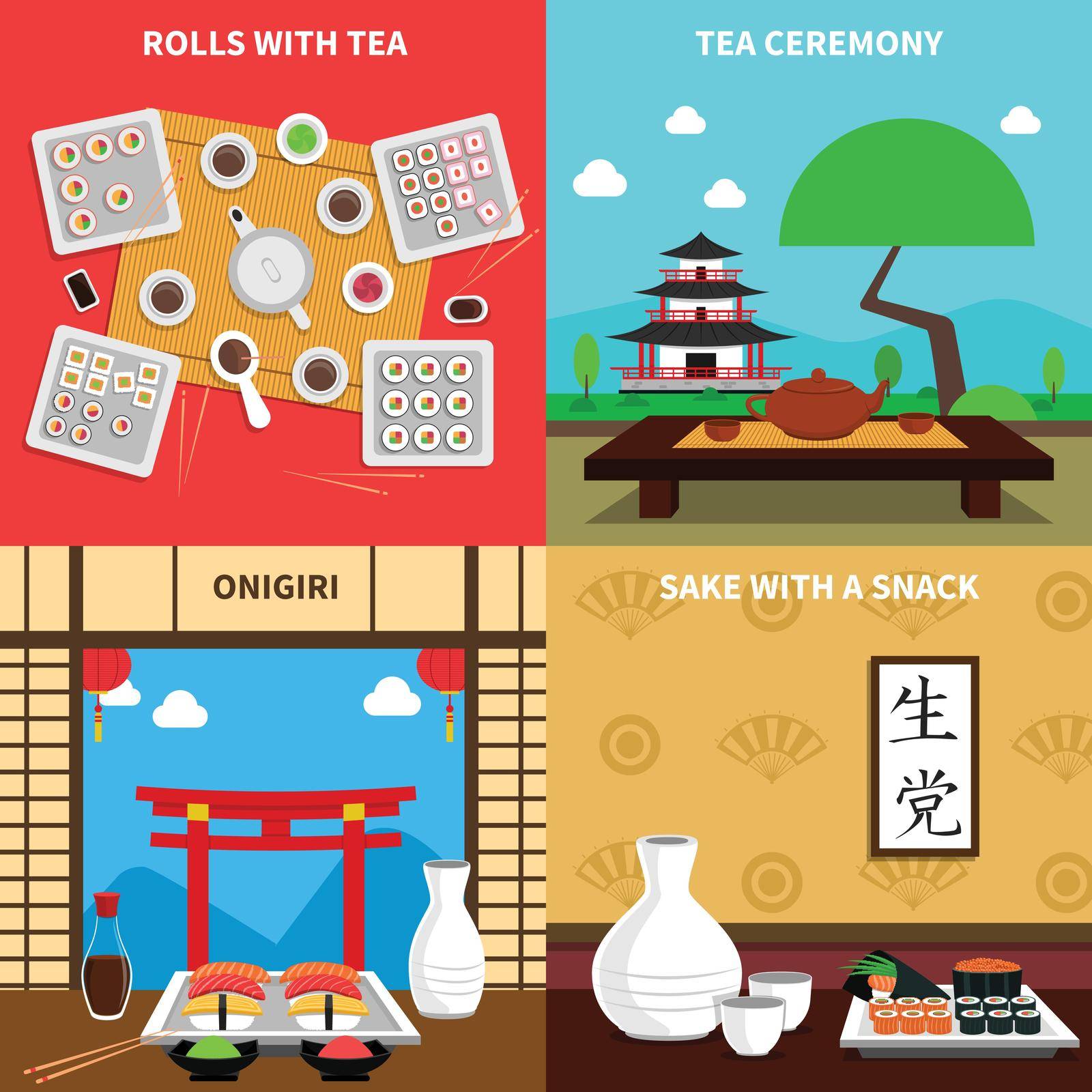 Sushi design concept set with rolls and tea ceremony flat icons isolated vector illustration