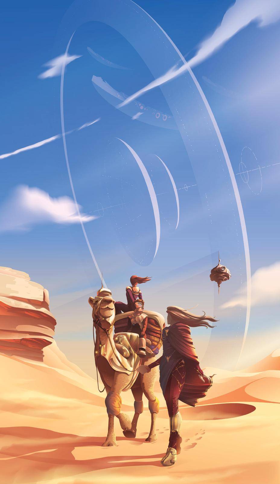 Science fiction vector illustration of a family is traveling in a desert for their pilgrimage with a view on the background of a futuristic massive structure in the orbit.