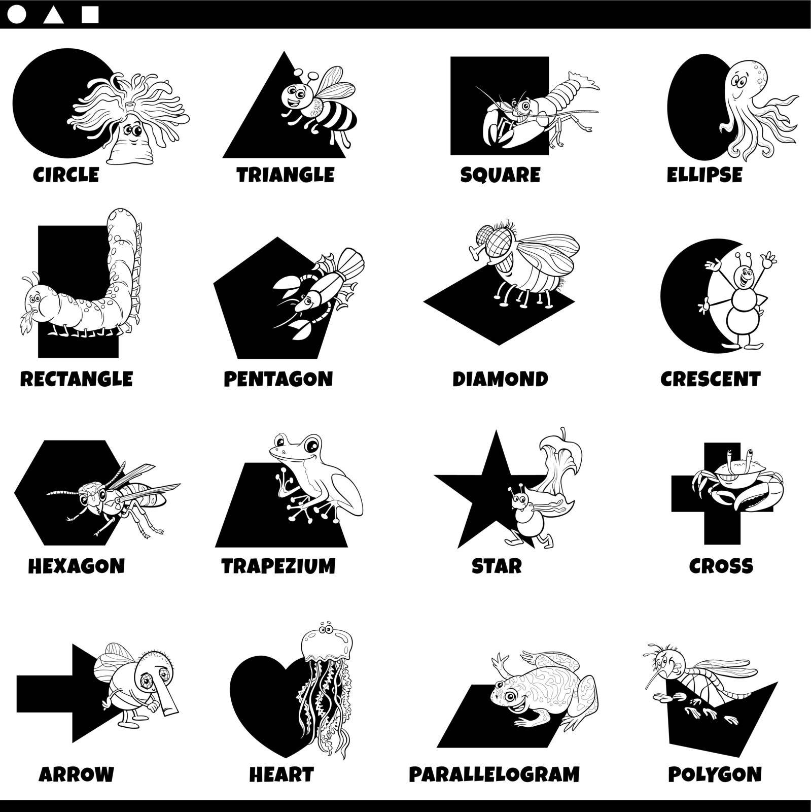 Black and white educational cartoon illustration of basic geometric shapes with captions and animal characters for preschool and elementary age children