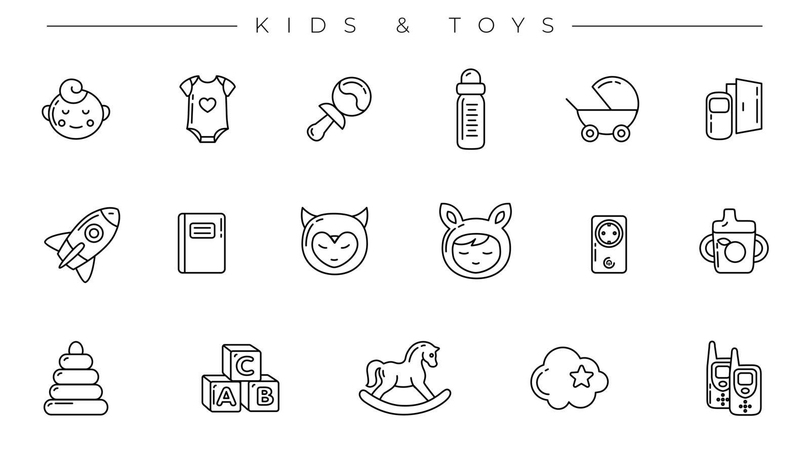 Set of line style vector icons on the theme of Kids and Toys.