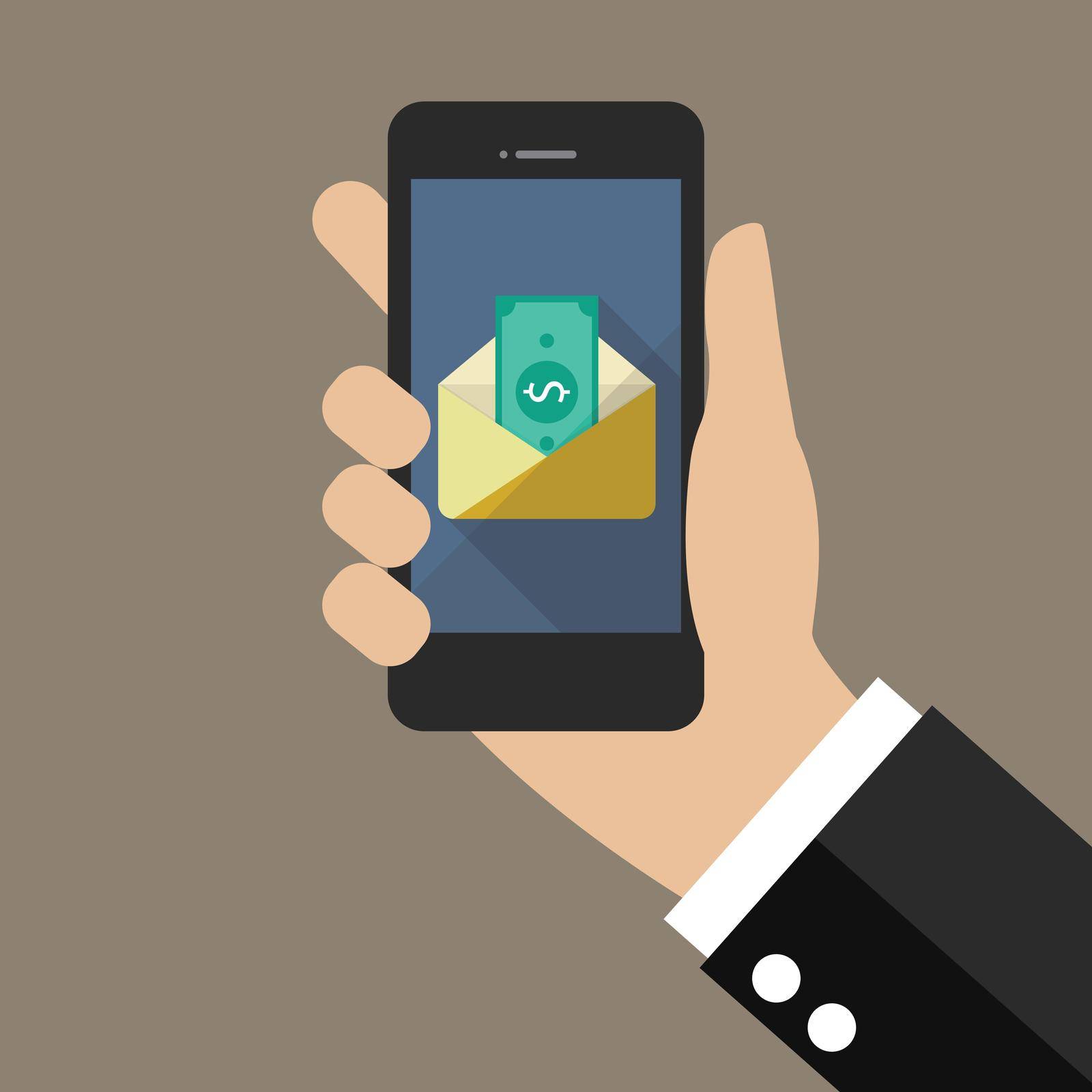 Hand holding smartphone with banknote in envelope. vector illustration