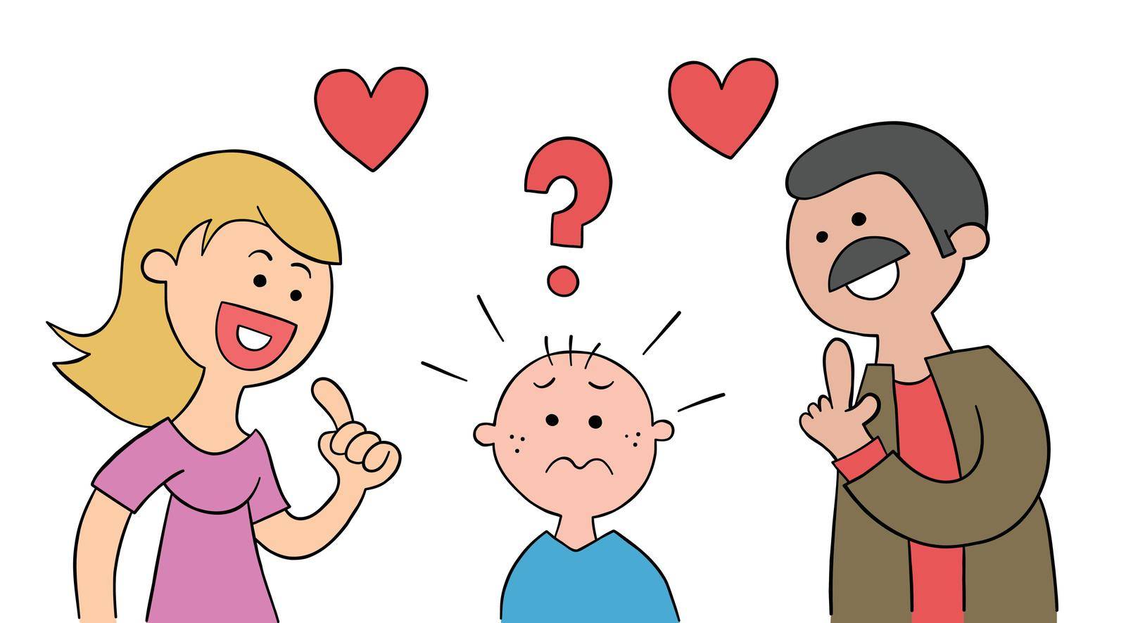 Cartoon mom and dad ask their kid which he likes more and kid is very confused, vector illustration. Colored and black outlines.