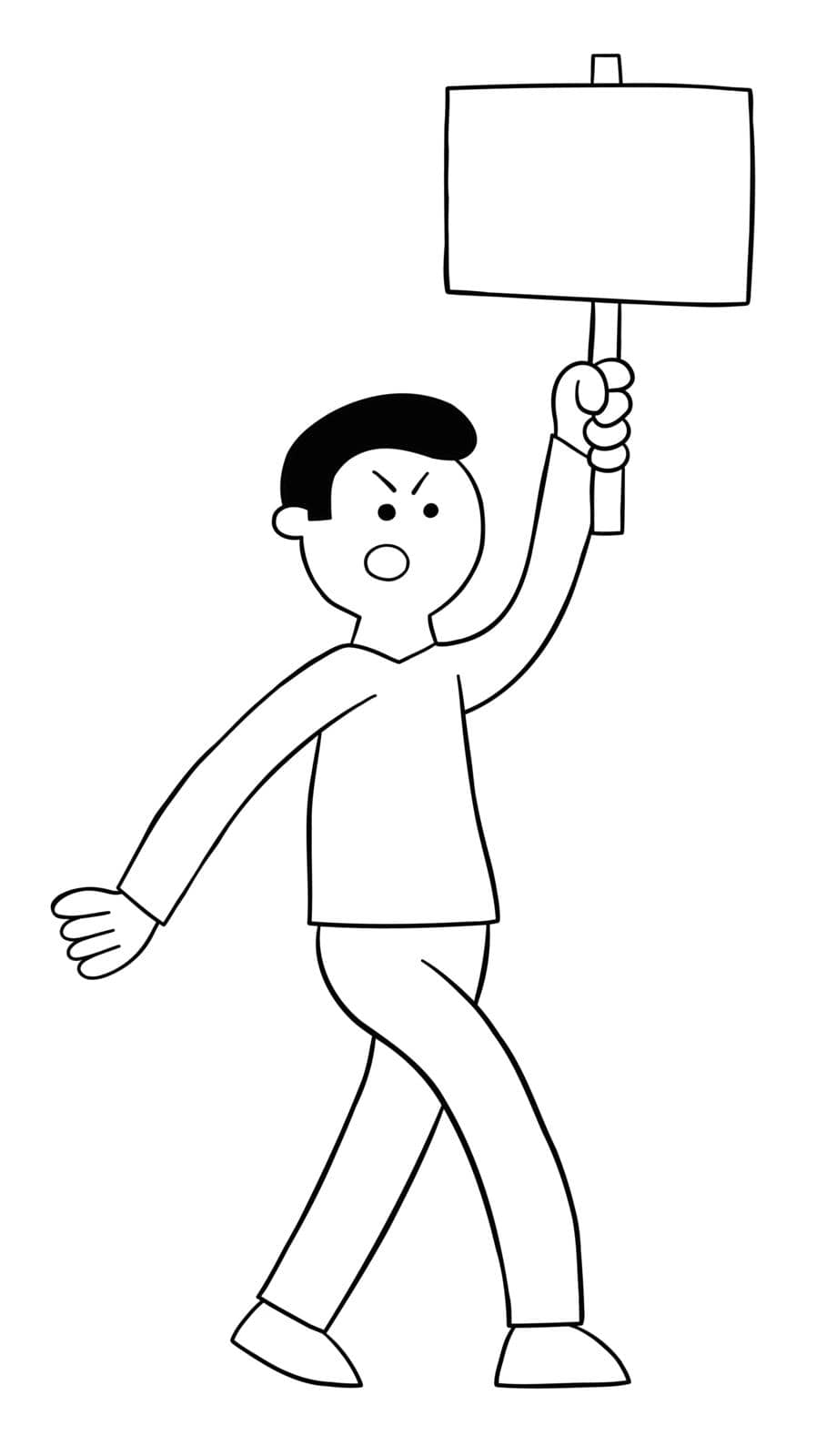 Cartoon angry protester man holding wooden sign and walking, vector illustration by emrahavci