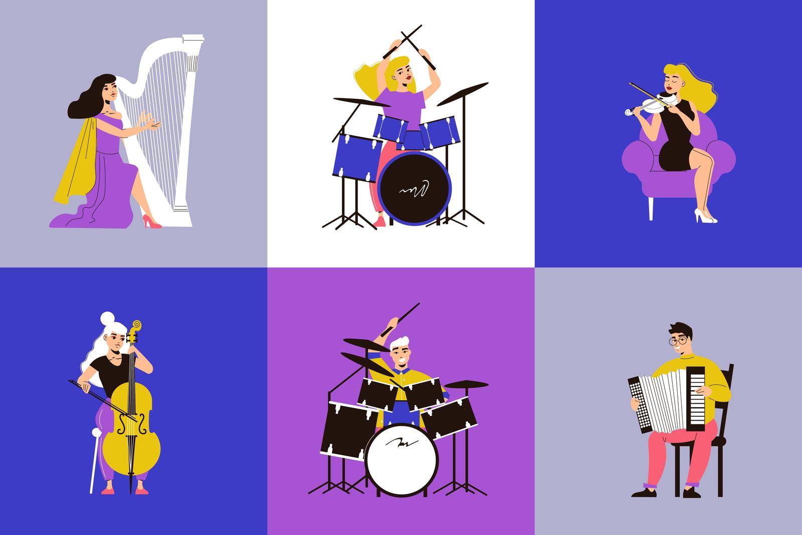 Musicians design concept with set of six square compositions with people playing on different musical instruments vector illustration