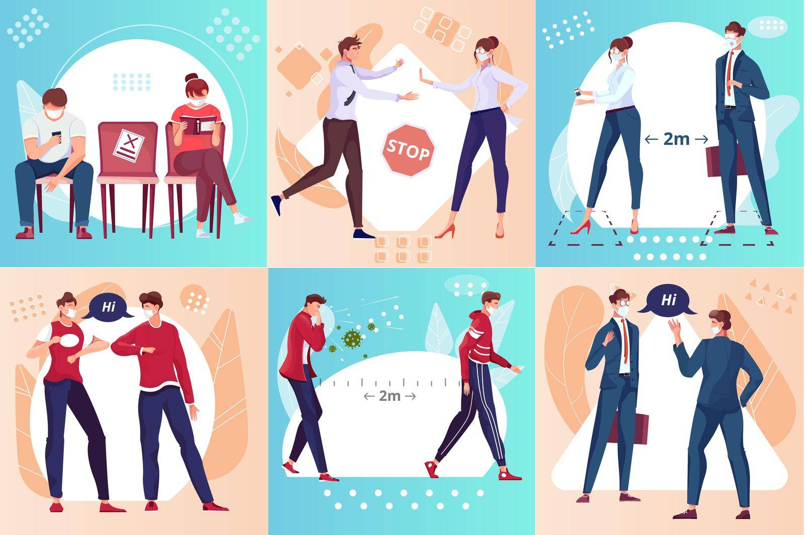 Social distance design concept with doodle human characters of colleagues coworkers and stop signs with arrows vector illustration