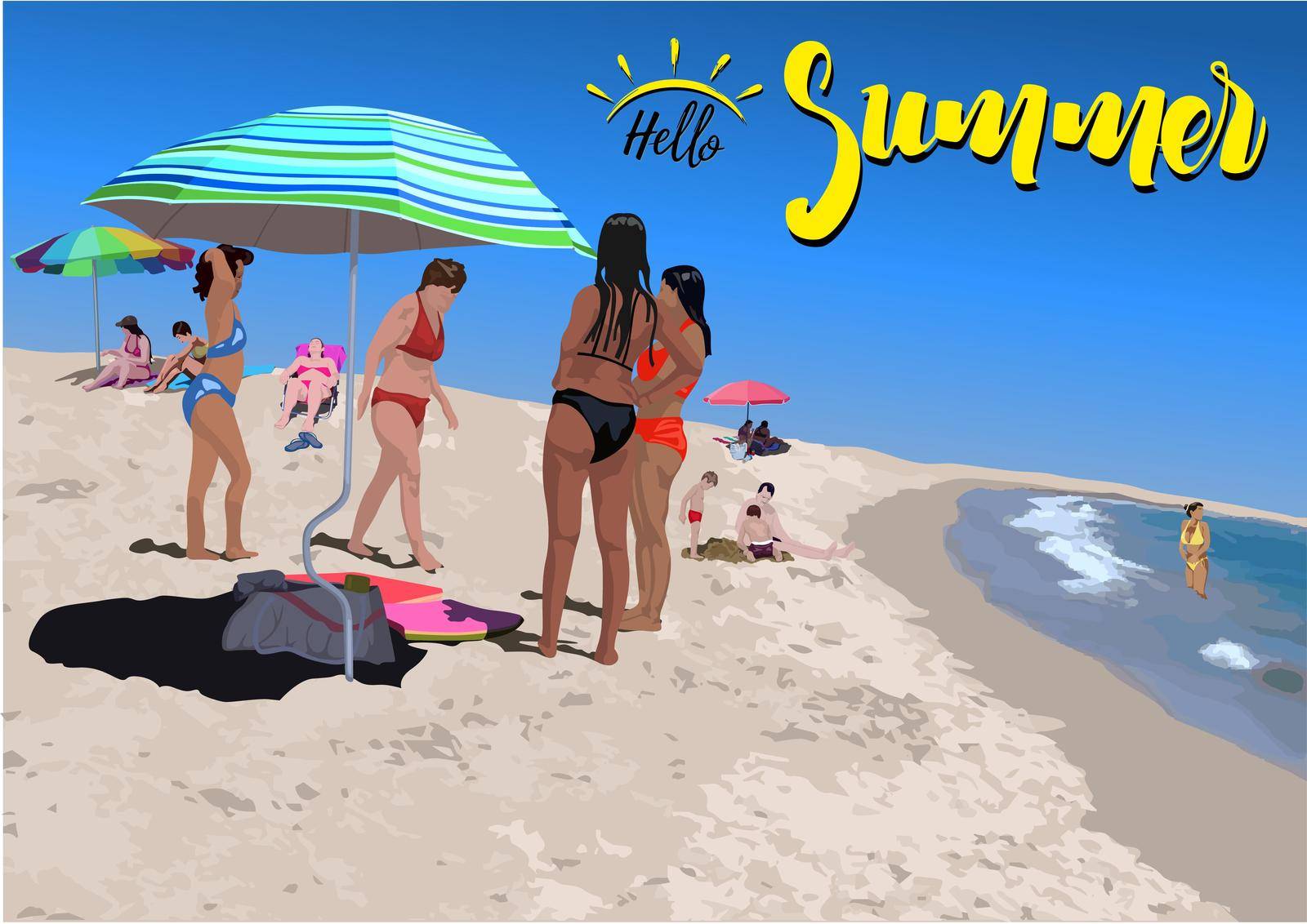 People on the Sandy Beach - Sunny Summer Day on the Beach with Relaxing People by the Sea, Vector Illustration