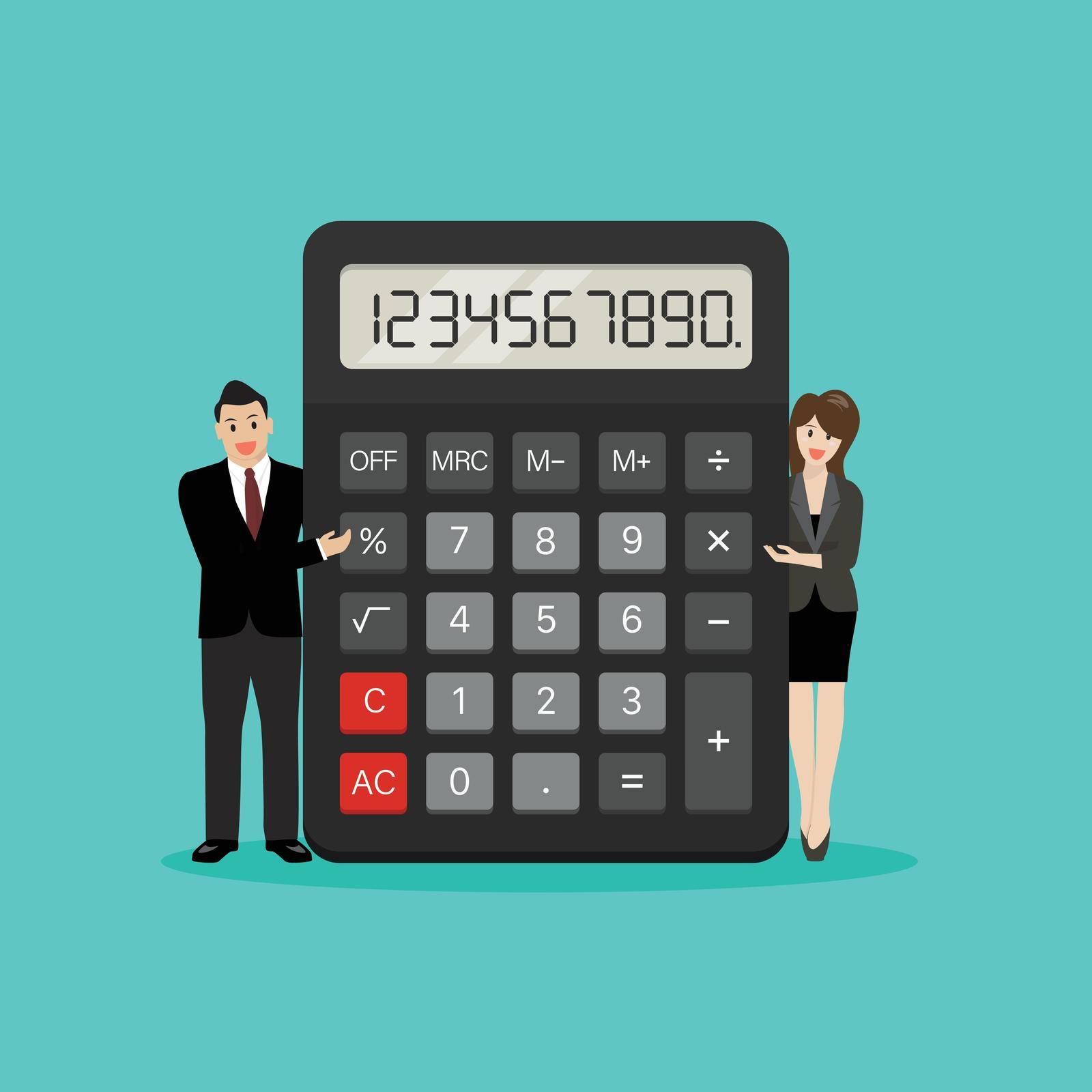 Tiny business people with calculator. Accounting, financial analytics. Vector illustration