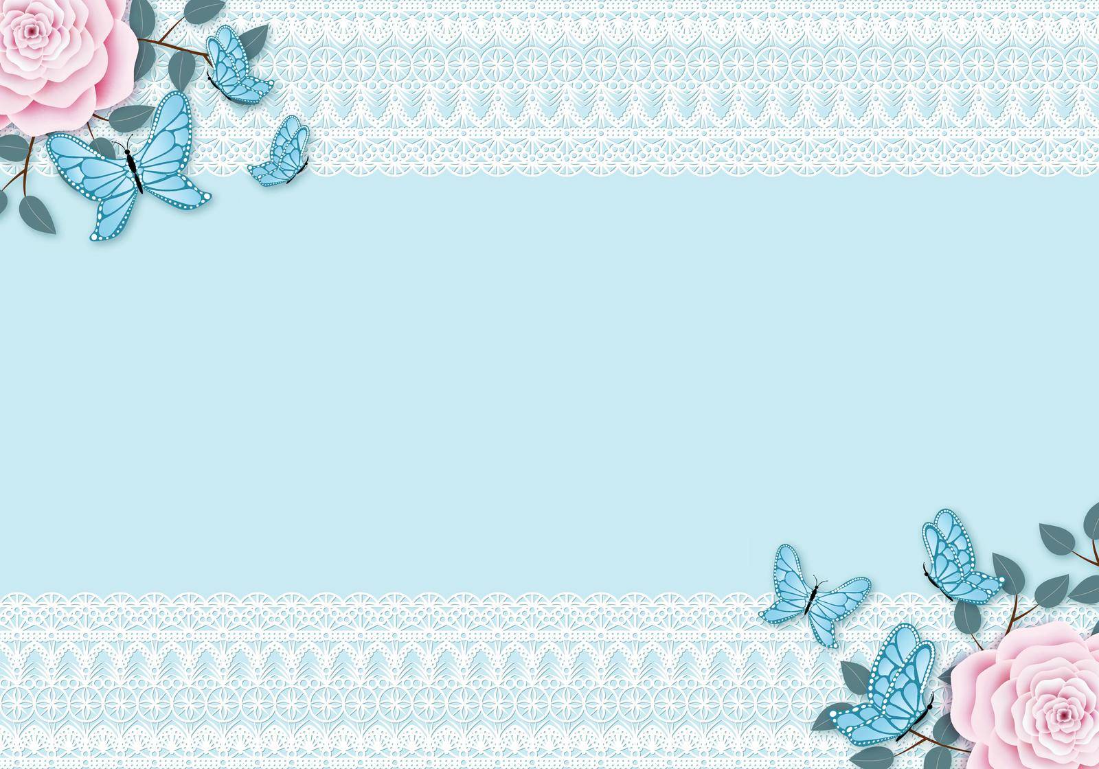 Light blue vintage background with white lace frame. Pastel colored pink rose with leafy branches and flying butterfly decoration. Copy space for the text.