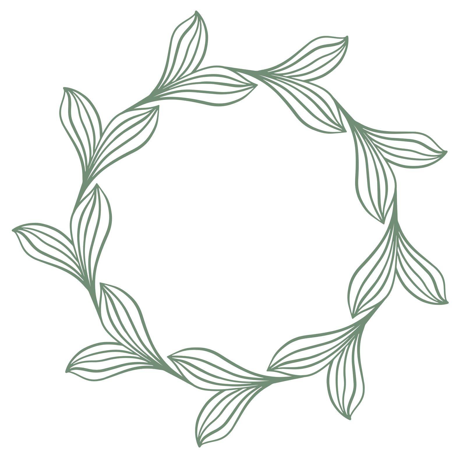 Botanical graceful circular frame of leaves, vector illustration. Beautiful leafy wreath. Botanical contour for congratulations or postcards. Isolated round template.