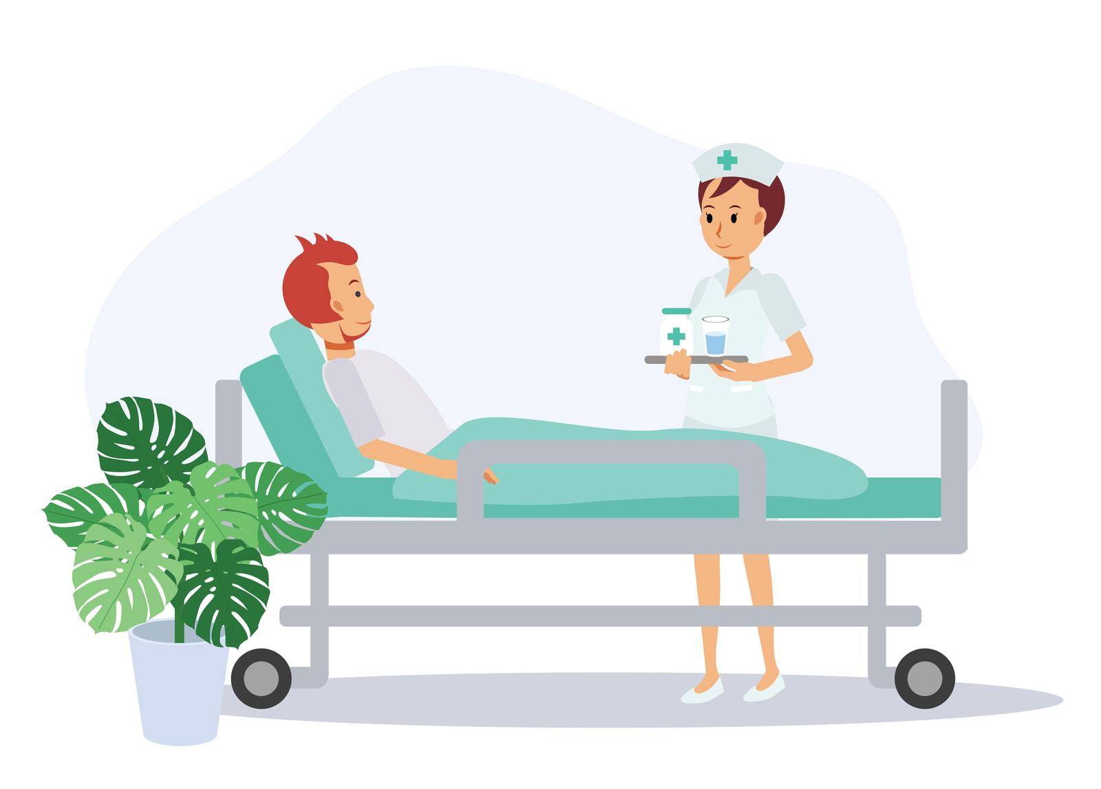 Nurse in patient room with medicine for the patient,time for medicine. Hospital, sickness and treatment concept.Flat vector cartoon character illustration.
