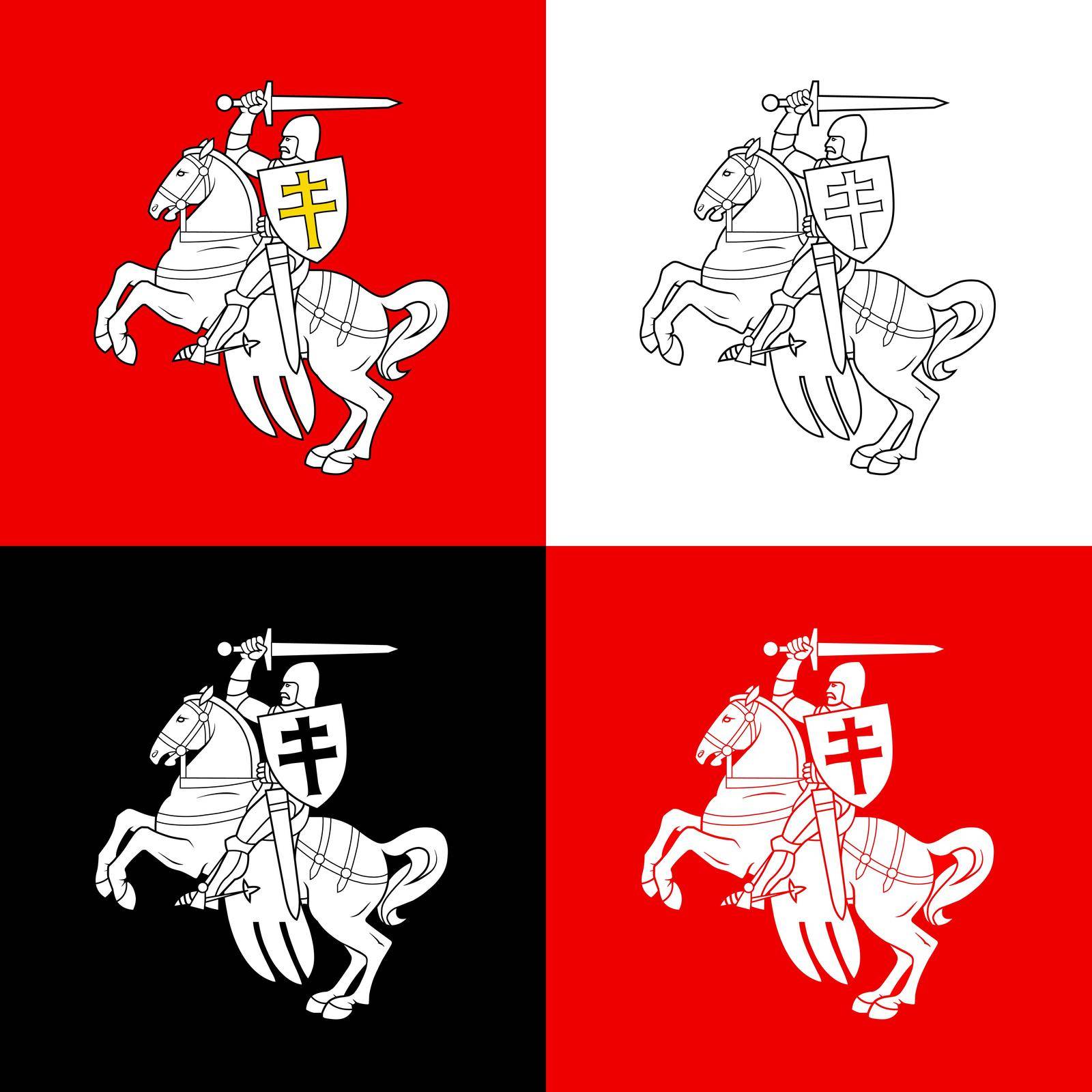 Variants of images of a rider on a horse from the coat of arms of the Republic of Belarus in 1991 - 1994. Vector illustration.
