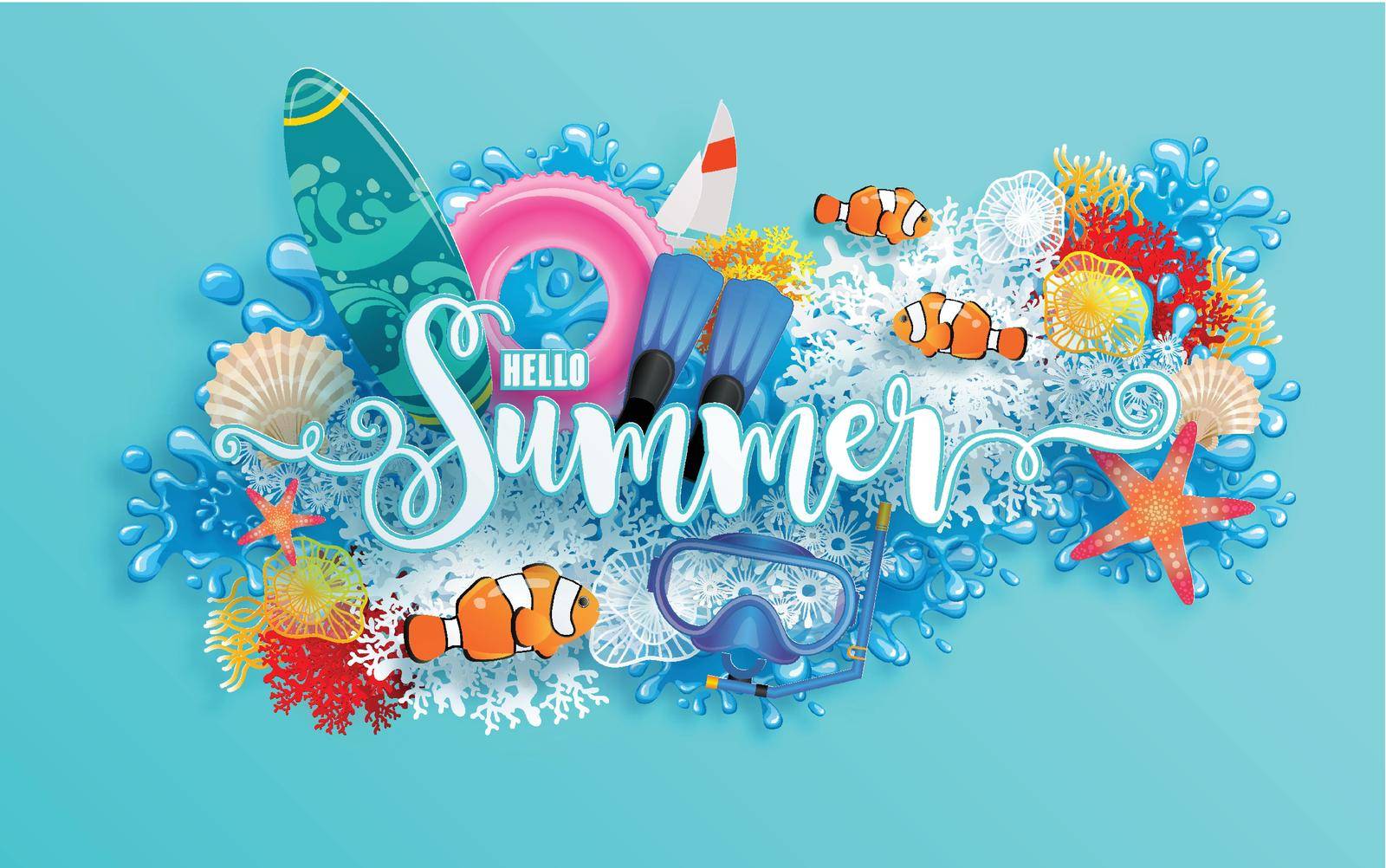 Summer time holiday vector design  with  beach, colorful under the sea, sand, coral, fish, shell, and elements paper cut with craft style on background color .
