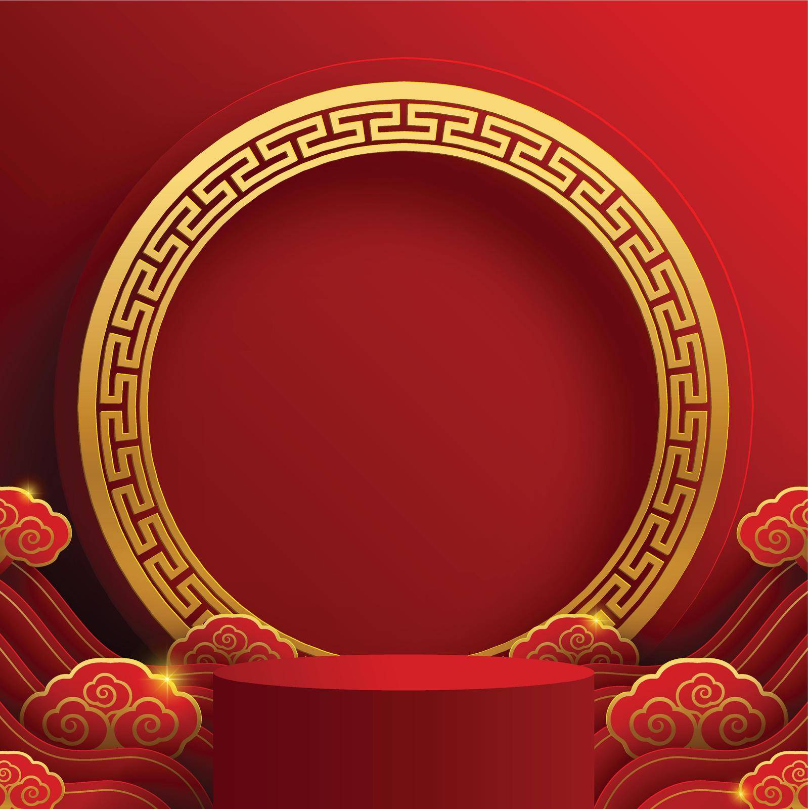 Podium round stage podium and paper art Chinese new year,Chinese Festivals, Mid Autumn Festival , red paper cut ,flower and asian elements with craft style on background.