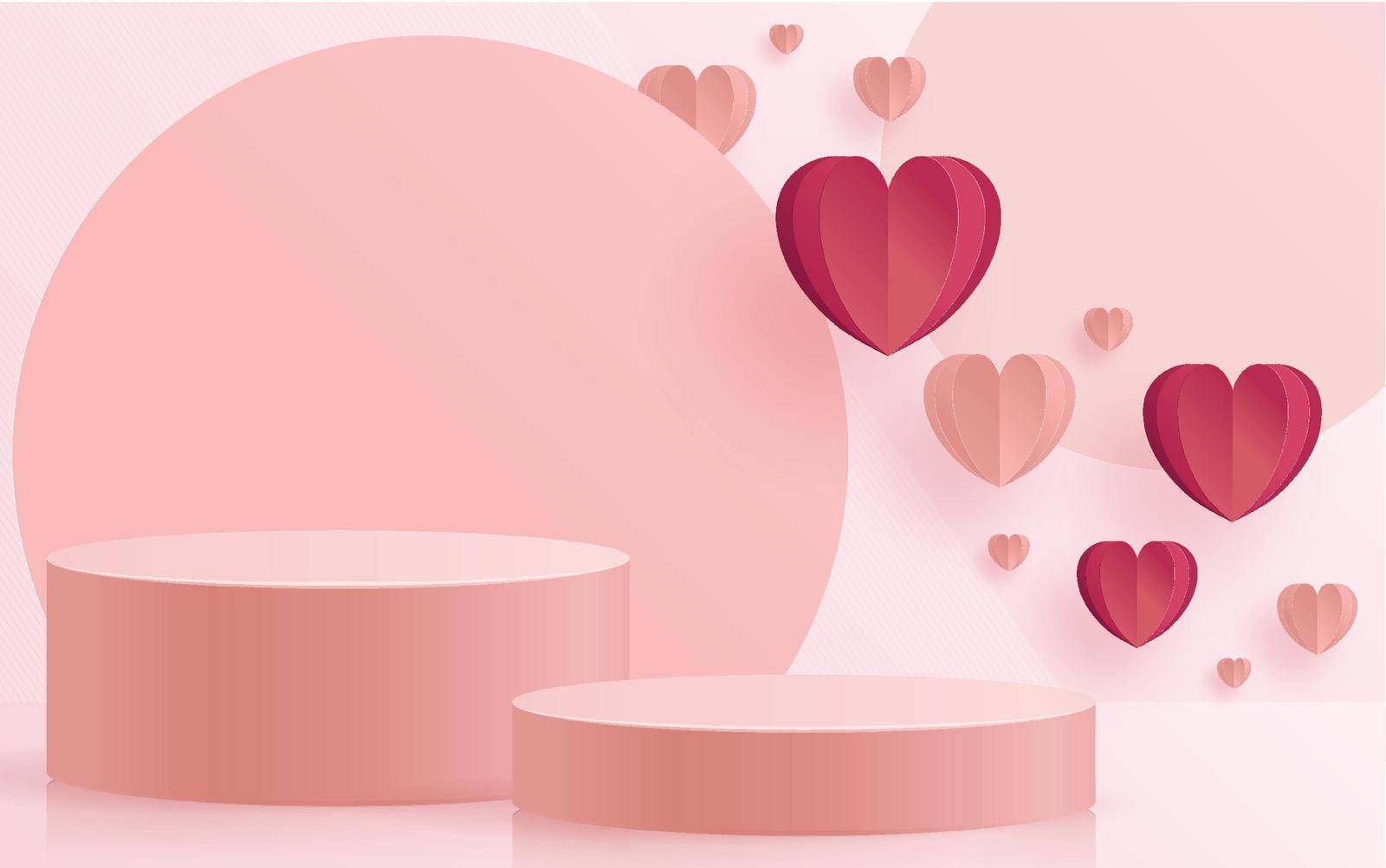 3d Background products for valentine’s day podium in love platform. heart background vector 3d with cylinder. podium stand to show cosmetic product with craft style on background.
