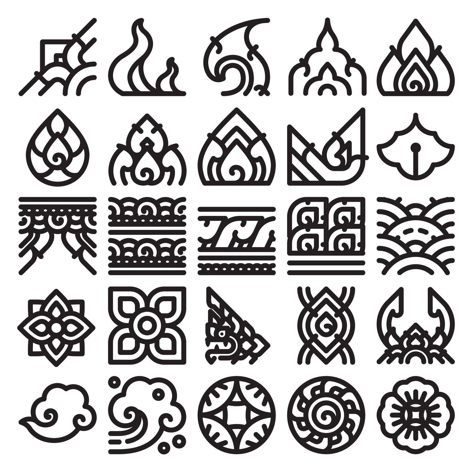 Thai art line pattern icon set. Single line. 